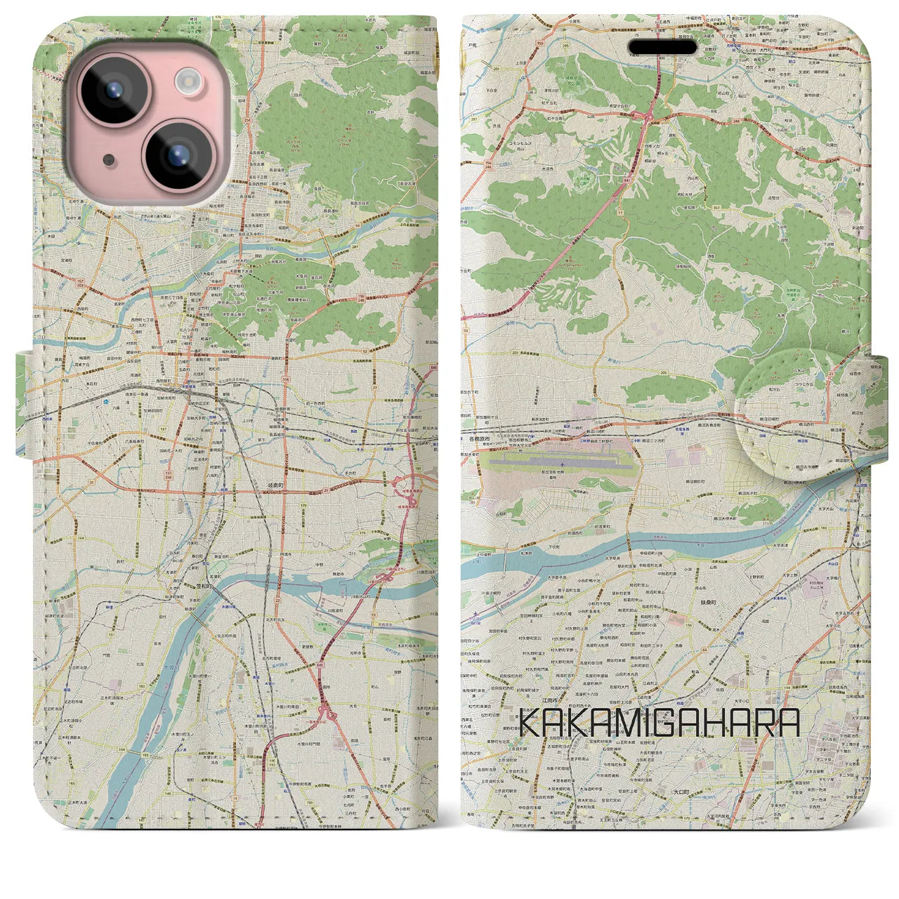 【各務原】地図柄iPhoneケース（手帳両面タイプ・ナチュラル）iPhone 15 Plus 用