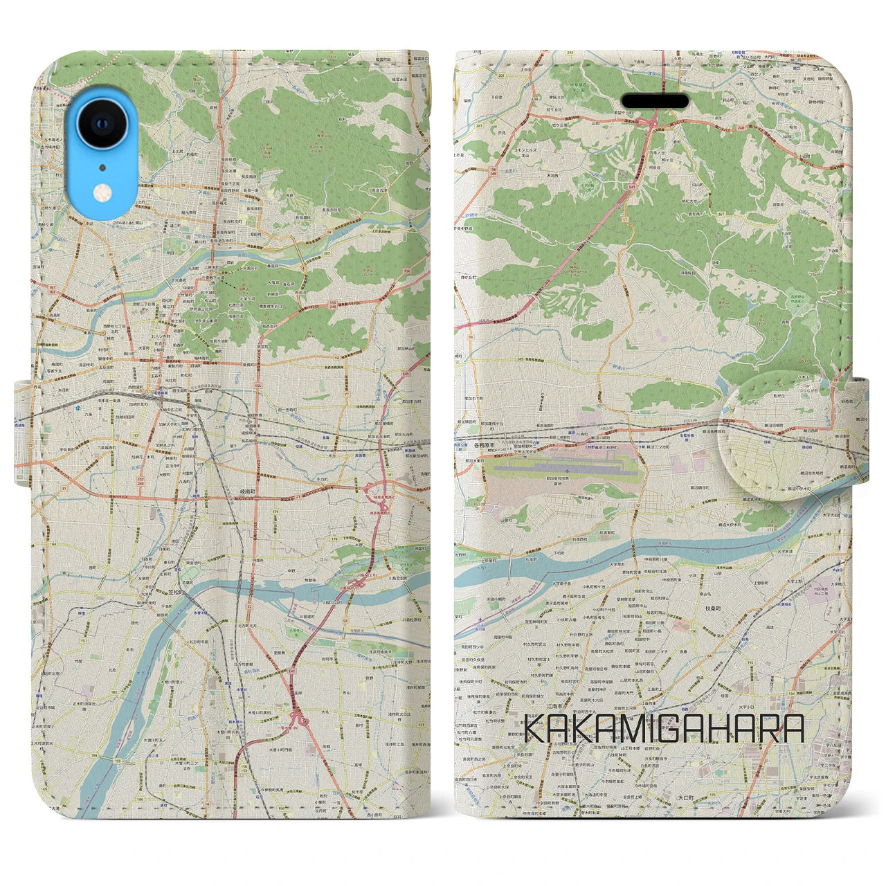 【各務原】地図柄iPhoneケース（手帳両面タイプ・ナチュラル）iPhone XR 用