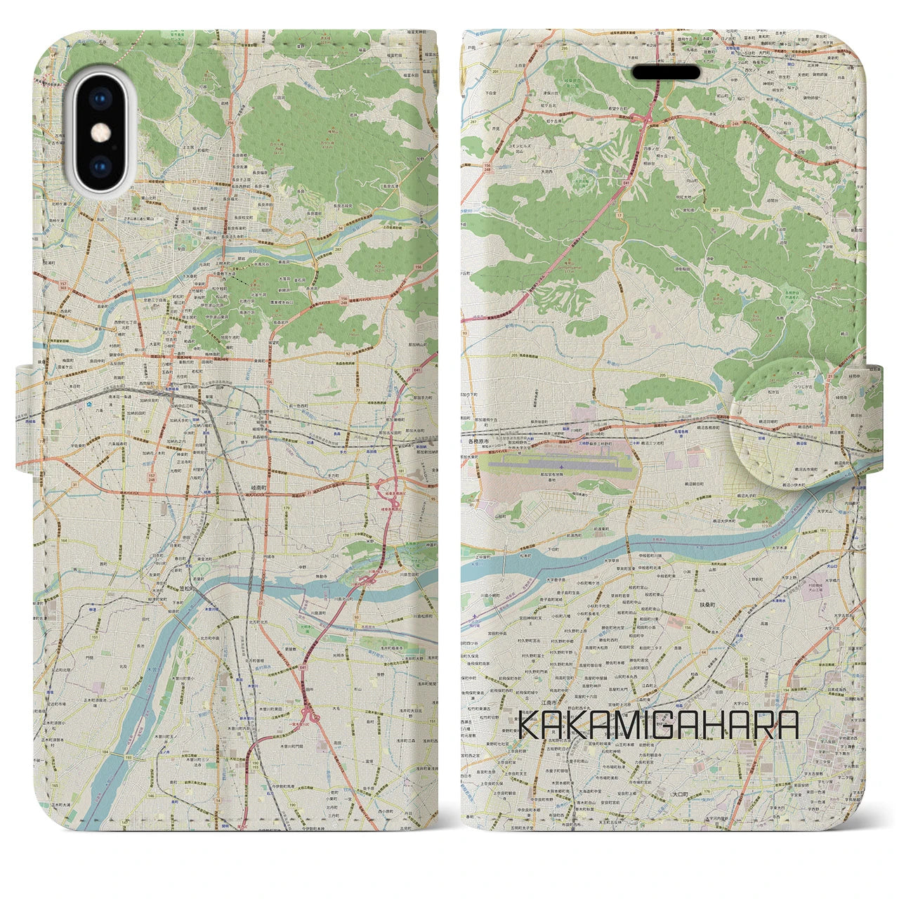 【各務原】地図柄iPhoneケース（手帳両面タイプ・ナチュラル）iPhone XS Max 用