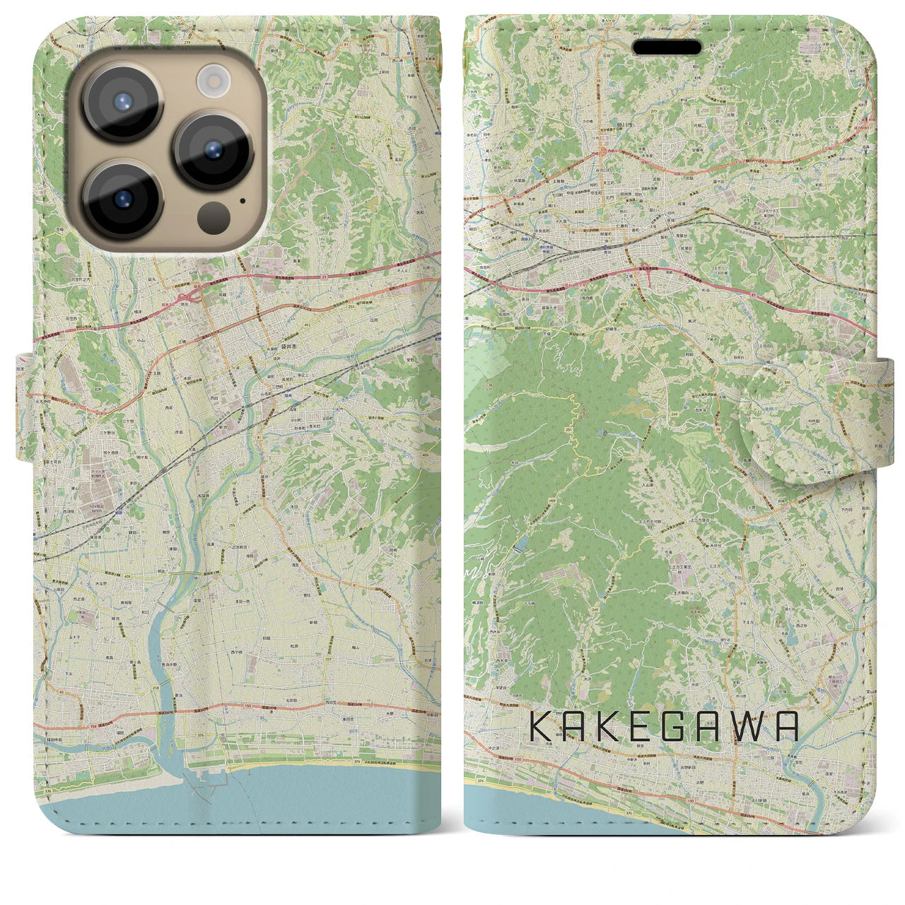 【掛川】地図柄iPhoneケース（手帳両面タイプ・ナチュラル）iPhone 14 Pro Max 用