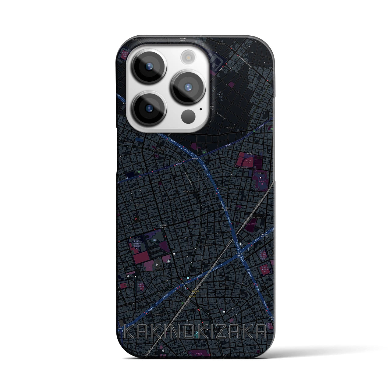 【柿の木坂】地図柄iPhoneケース（バックカバータイプ・ブラック）iPhone 14 Pro 用