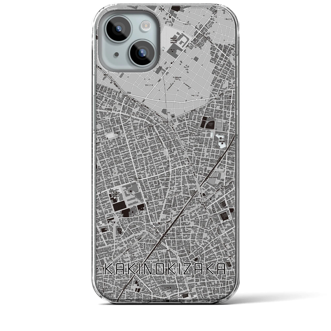 【柿の木坂】地図柄iPhoneケース（クリアタイプ・モノトーン）iPhone 15 Plus 用