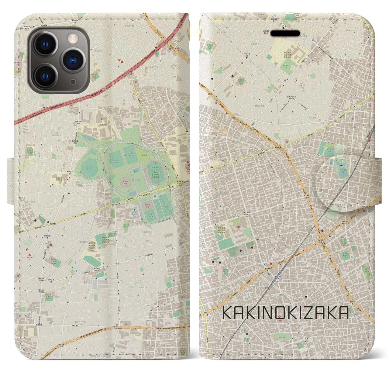 【柿の木坂】地図柄iPhoneケース（手帳両面タイプ・ナチュラル）iPhone 11 Pro Max 用