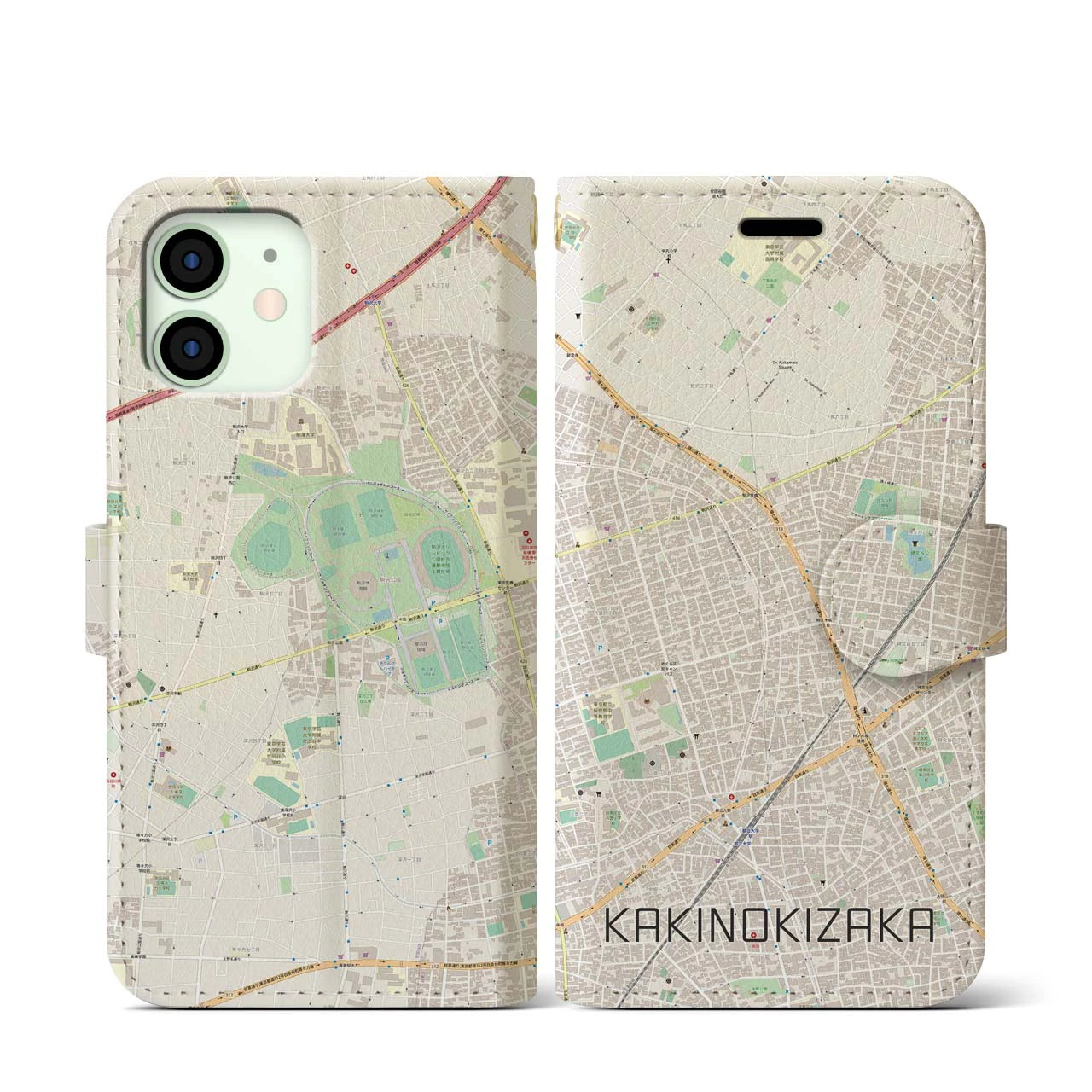 【柿の木坂】地図柄iPhoneケース（手帳両面タイプ・ナチュラル）iPhone 12 mini 用
