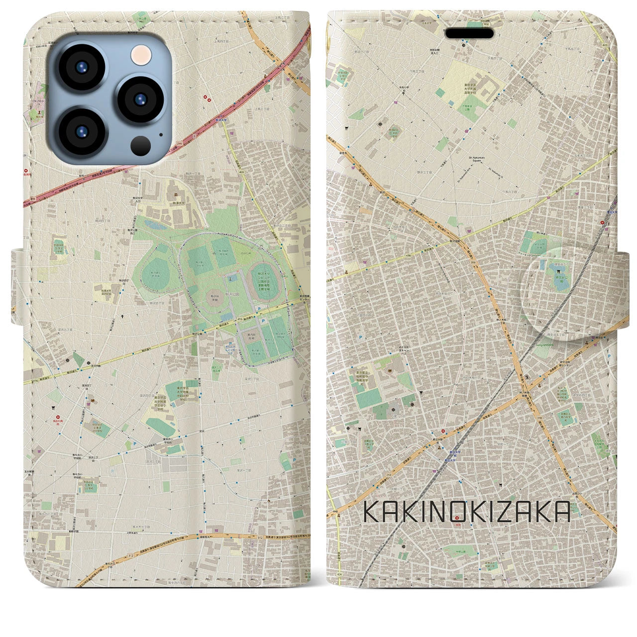 【柿の木坂】地図柄iPhoneケース（手帳両面タイプ・ナチュラル）iPhone 13 Pro Max 用
