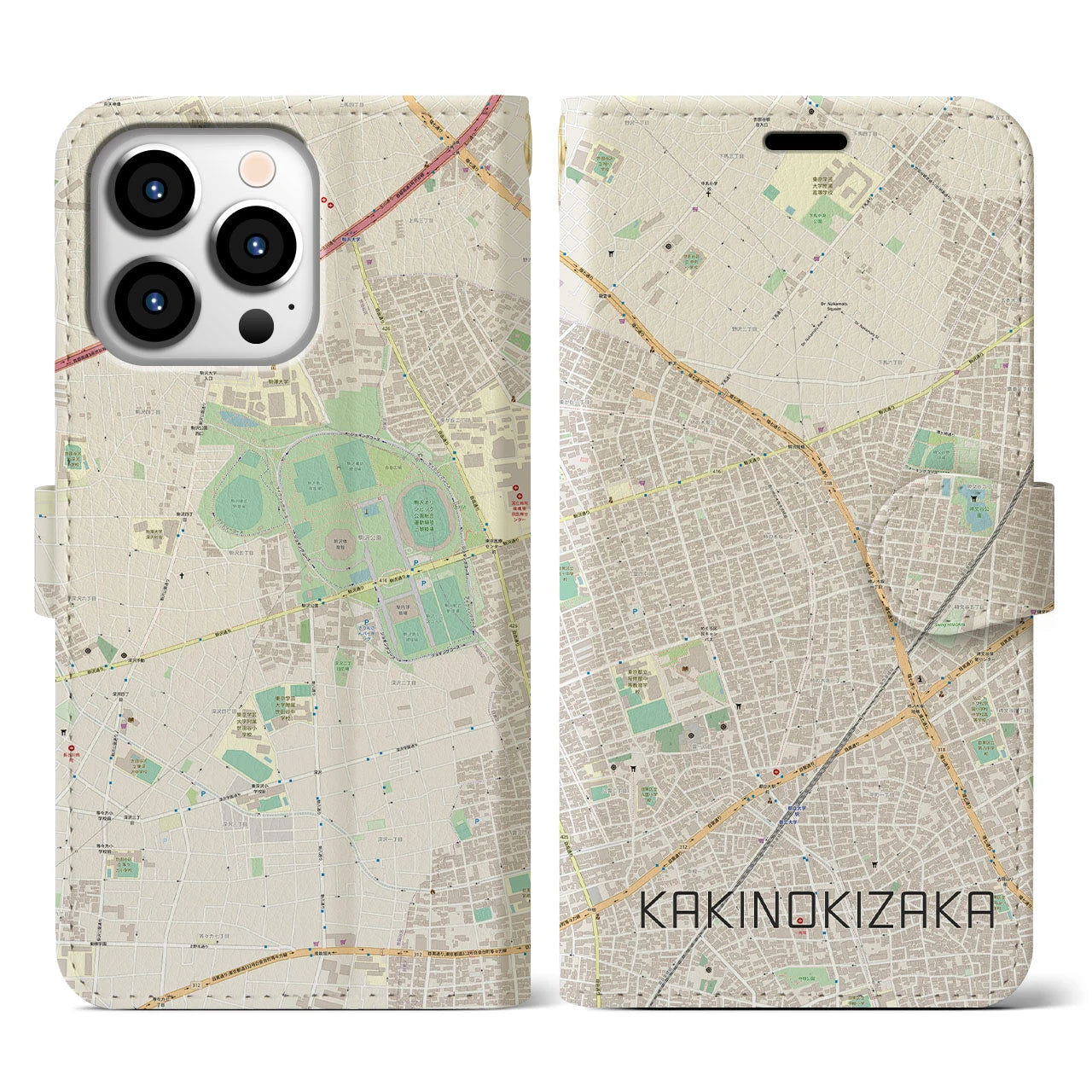 【柿の木坂】地図柄iPhoneケース（手帳両面タイプ・ナチュラル）iPhone 13 Pro 用