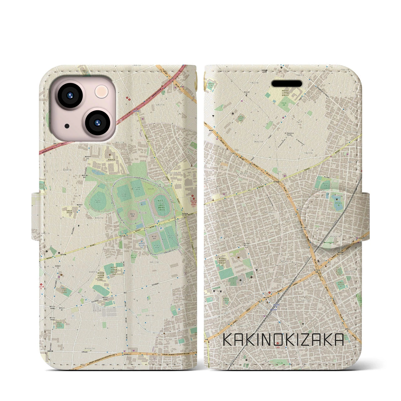 【柿の木坂】地図柄iPhoneケース（手帳両面タイプ・ナチュラル）iPhone 13 mini 用