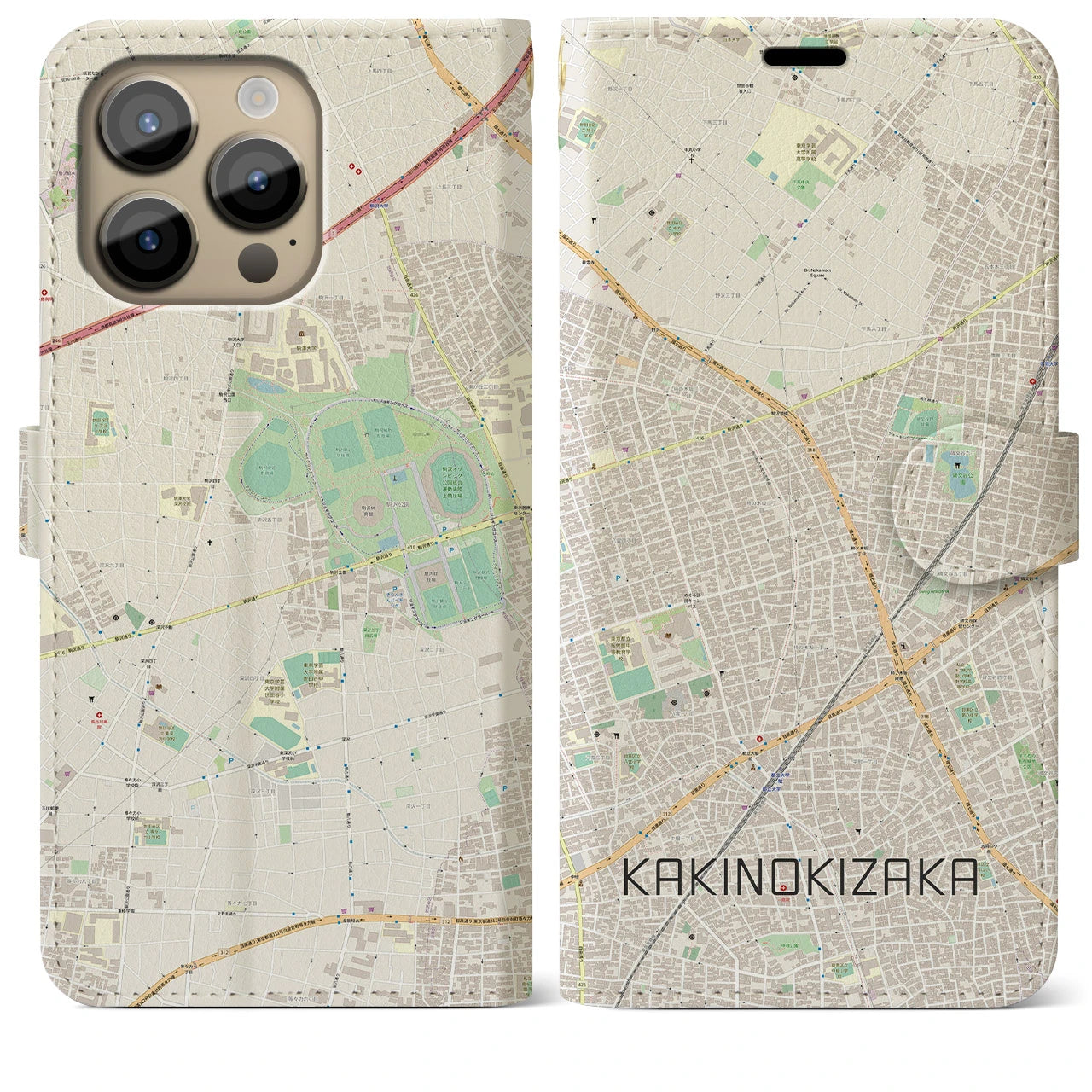 【柿の木坂】地図柄iPhoneケース（手帳両面タイプ・ナチュラル）iPhone 14 Pro Max 用