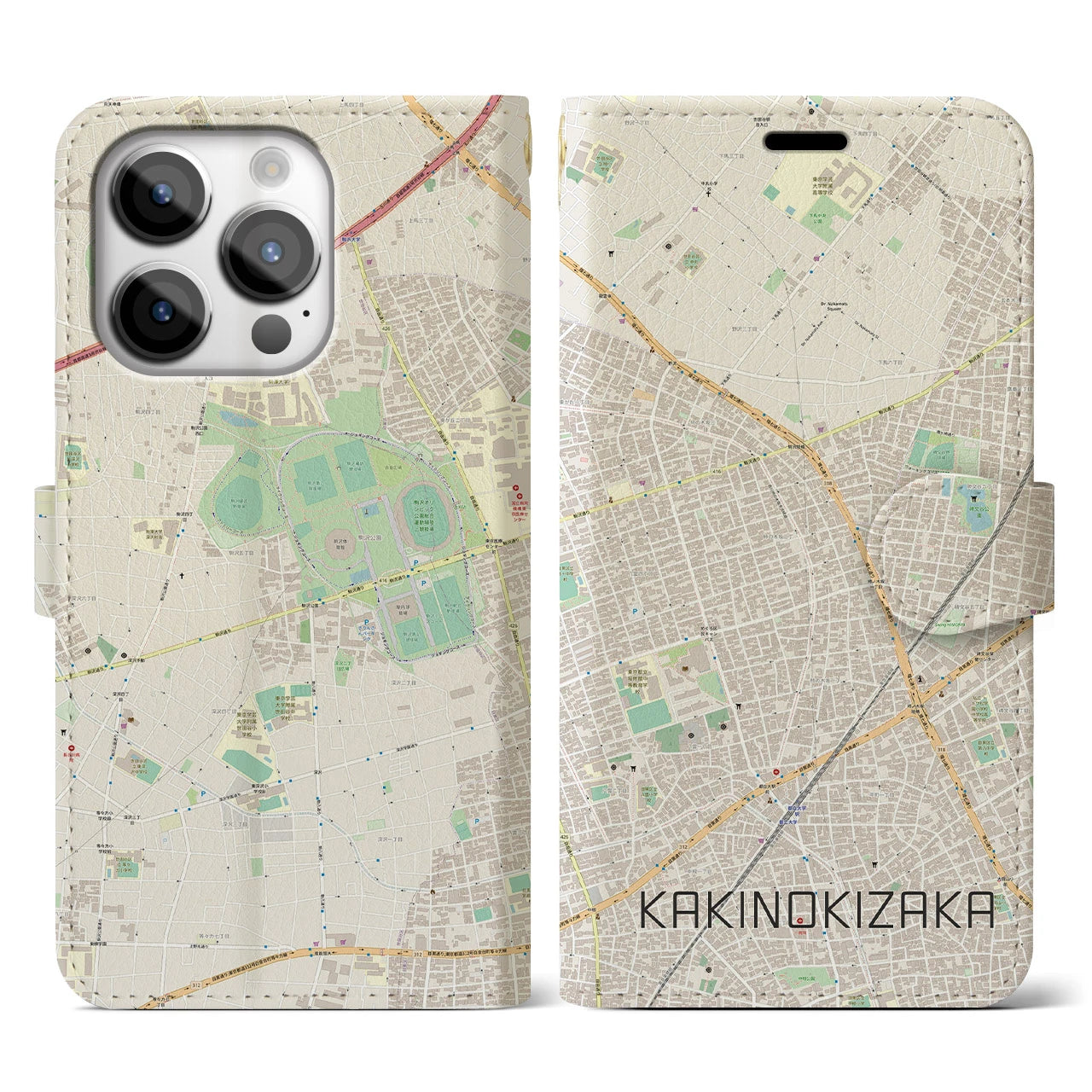 【柿の木坂】地図柄iPhoneケース（手帳両面タイプ・ナチュラル）iPhone 14 Pro 用