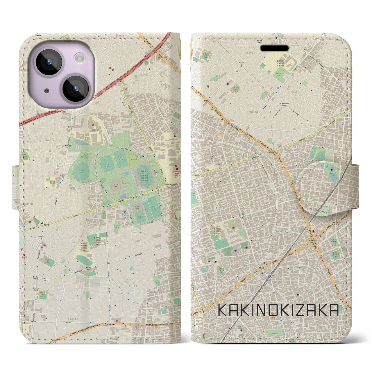 【柿の木坂】地図柄iPhoneケース（手帳両面タイプ・ナチュラル）iPhone 14 用