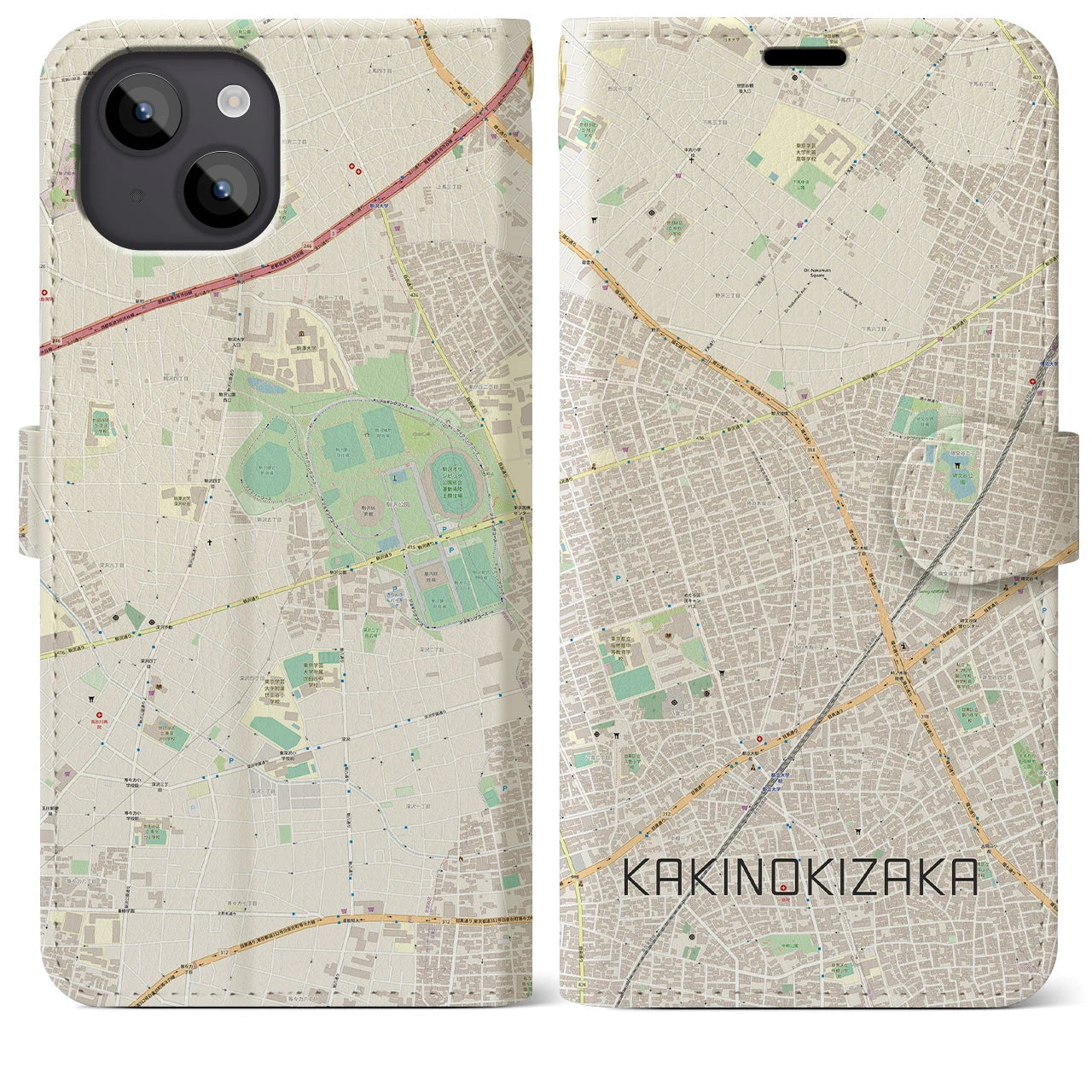 【柿の木坂】地図柄iPhoneケース（手帳両面タイプ・ナチュラル）iPhone 14 Plus 用