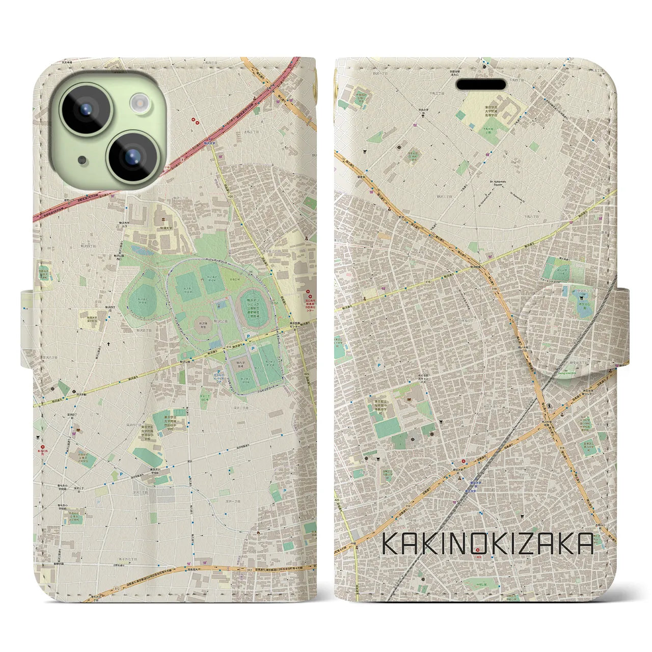 【柿の木坂】地図柄iPhoneケース（手帳両面タイプ・ナチュラル）iPhone 15 用