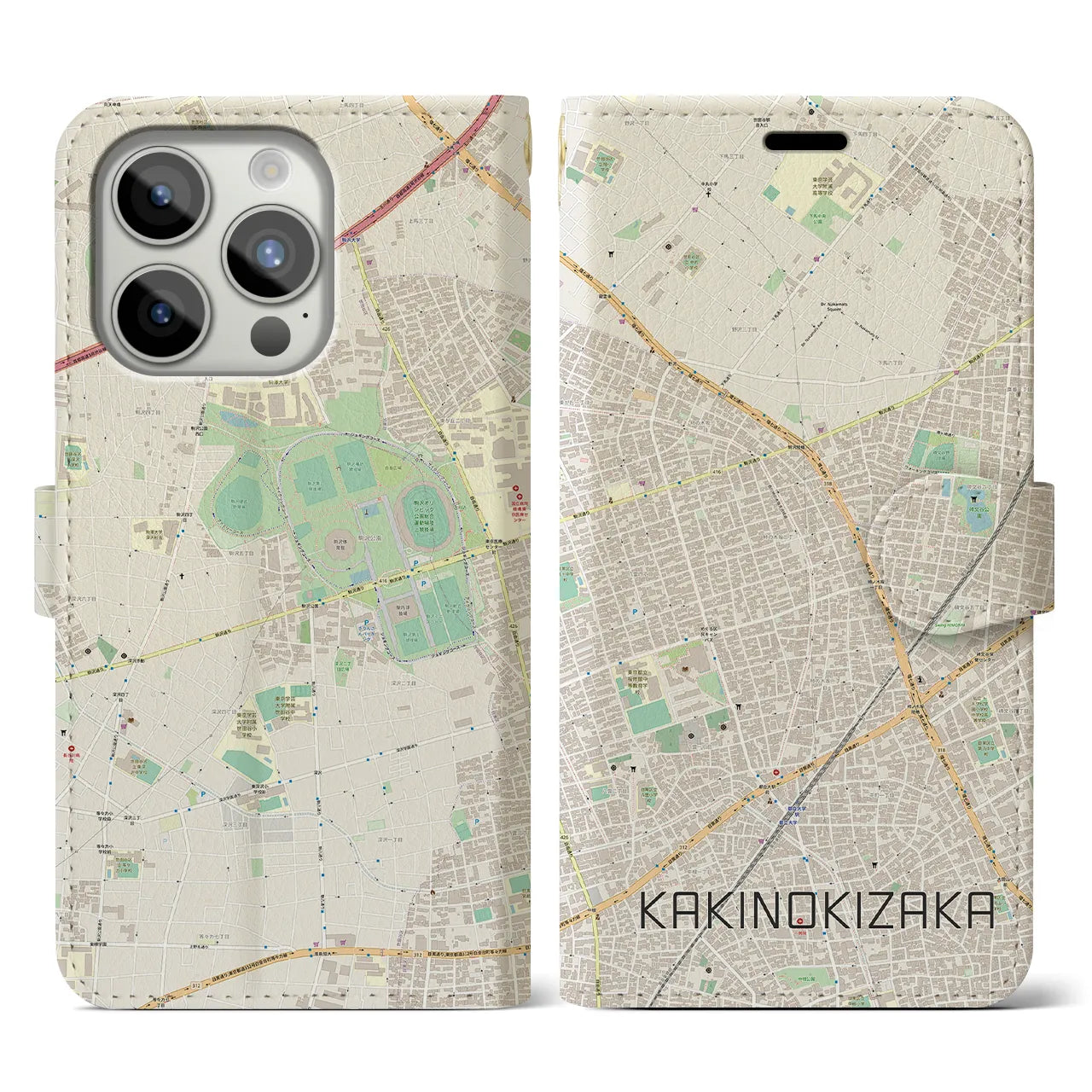 【柿の木坂】地図柄iPhoneケース（手帳両面タイプ・ナチュラル）iPhone 15 Pro 用