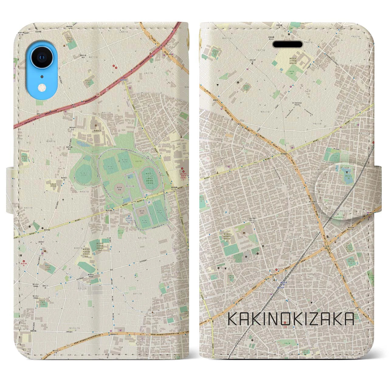 【柿の木坂】地図柄iPhoneケース（手帳両面タイプ・ナチュラル）iPhone XR 用