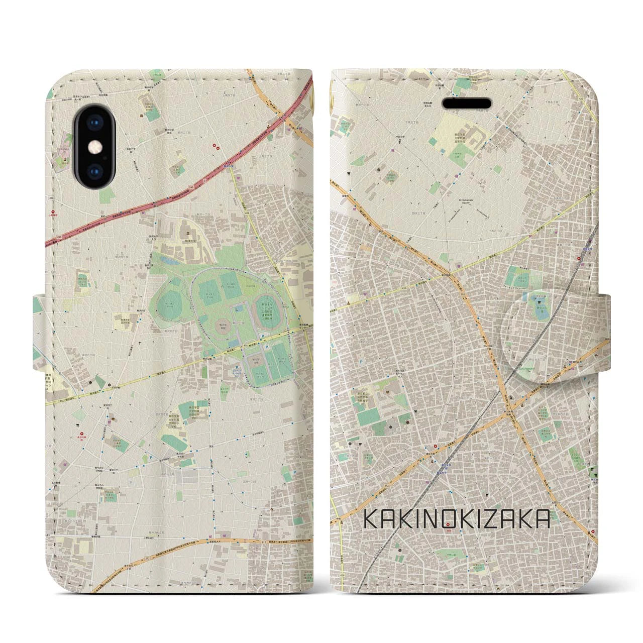【柿の木坂】地図柄iPhoneケース（手帳両面タイプ・ナチュラル）iPhone XS / X 用