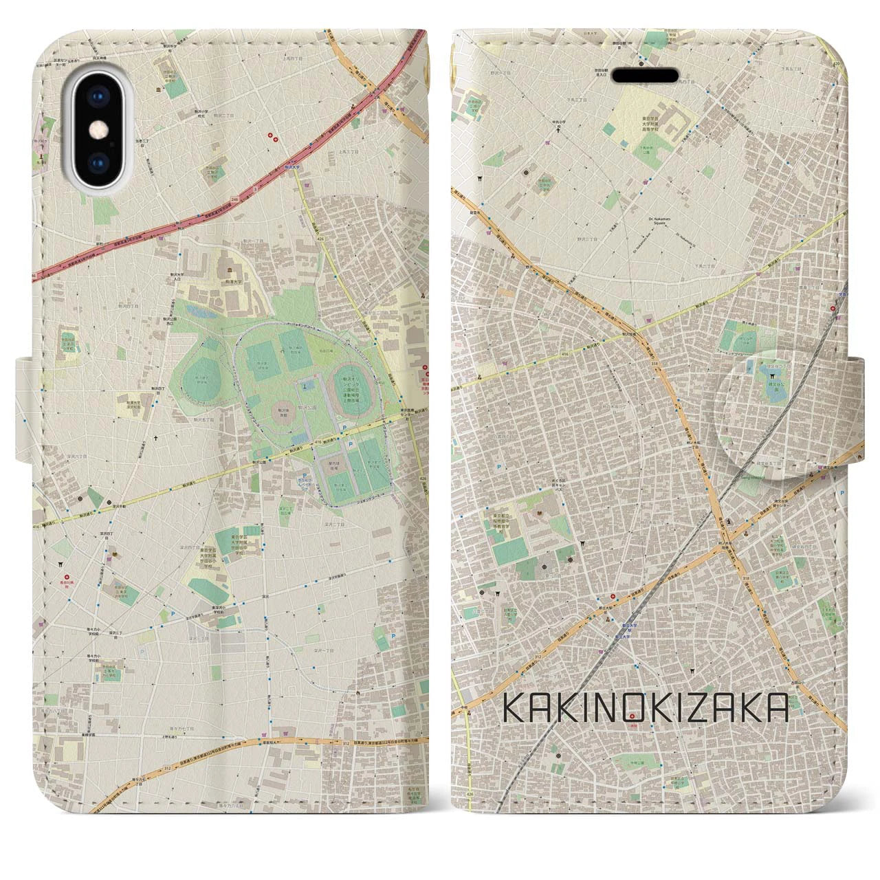 【柿の木坂】地図柄iPhoneケース（手帳両面タイプ・ナチュラル）iPhone XS Max 用