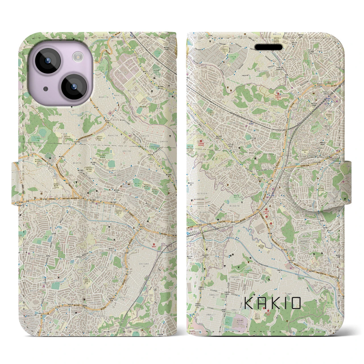 【柿生】地図柄iPhoneケース（手帳両面タイプ・ナチュラル）iPhone 14 用