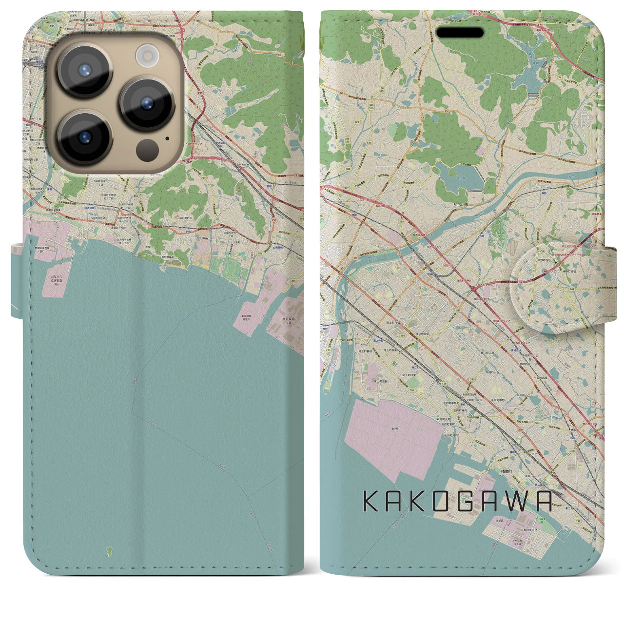 【加古川】地図柄iPhoneケース（手帳両面タイプ・ナチュラル）iPhone 14 Pro Max 用
