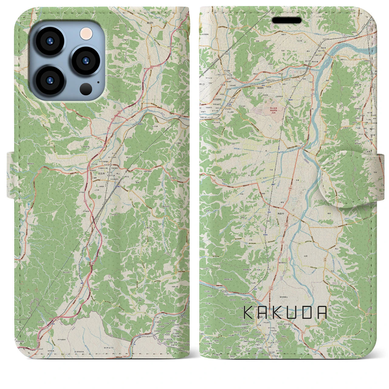 【角田】地図柄iPhoneケース（手帳両面タイプ・ナチュラル）iPhone 13 Pro Max 用