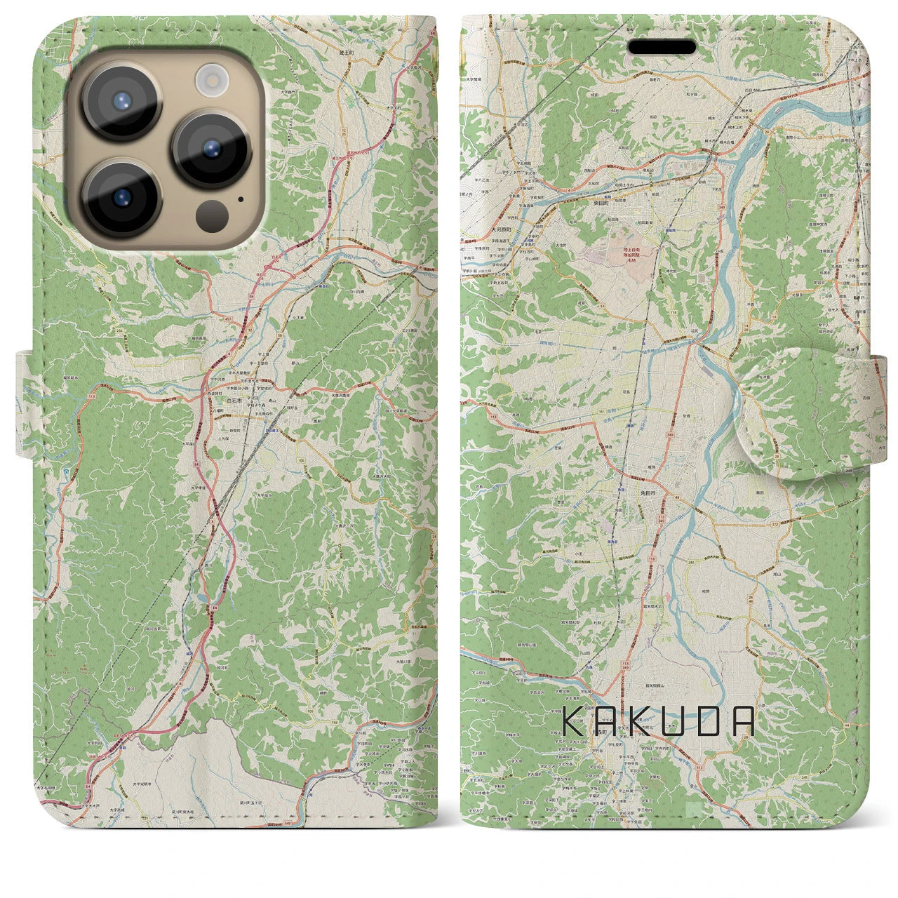 【角田】地図柄iPhoneケース（手帳両面タイプ・ナチュラル）iPhone 14 Pro Max 用