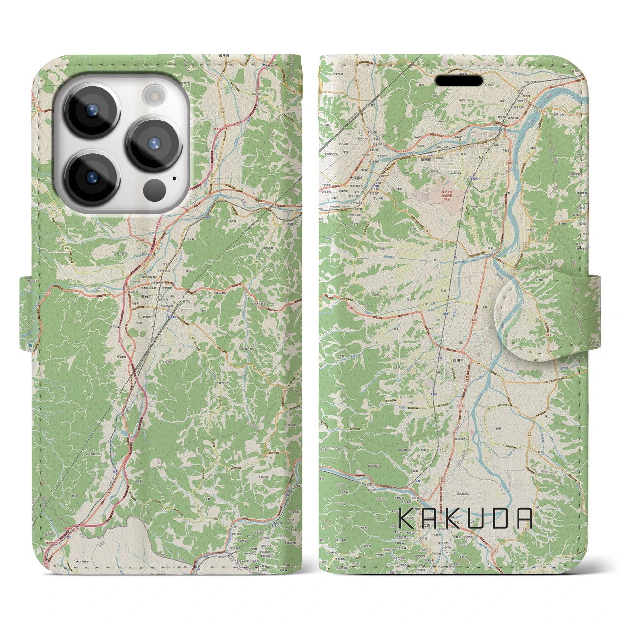 【角田】地図柄iPhoneケース（手帳両面タイプ・ナチュラル）iPhone 14 Pro 用