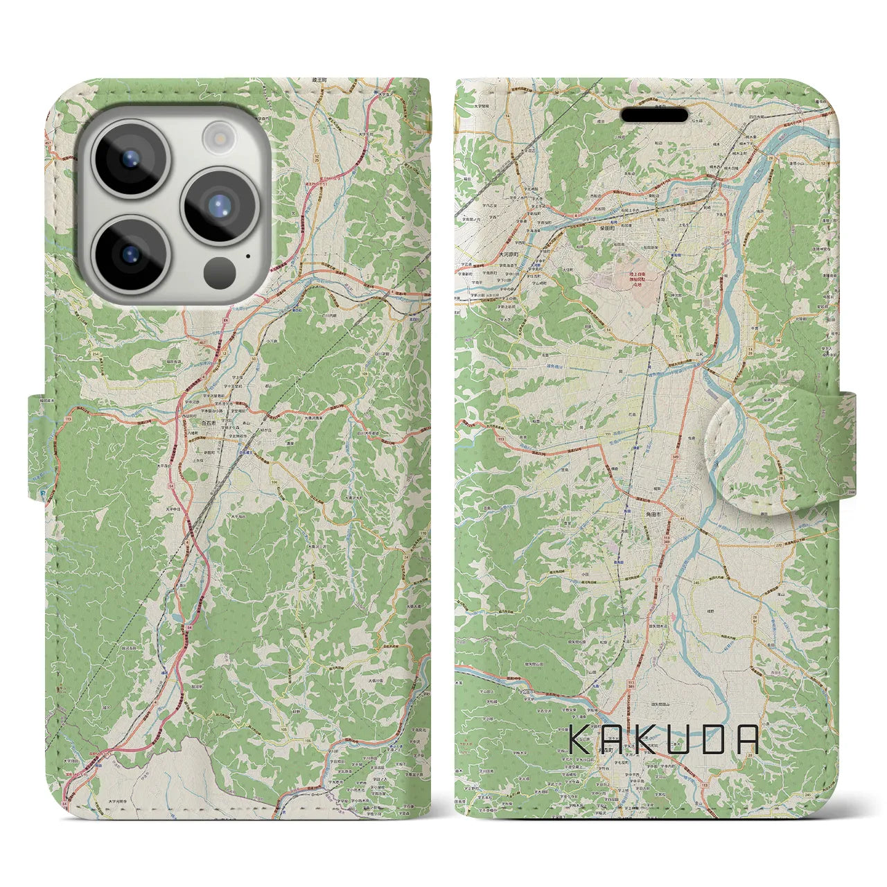 【角田】地図柄iPhoneケース（手帳両面タイプ・ナチュラル）iPhone 15 Pro 用