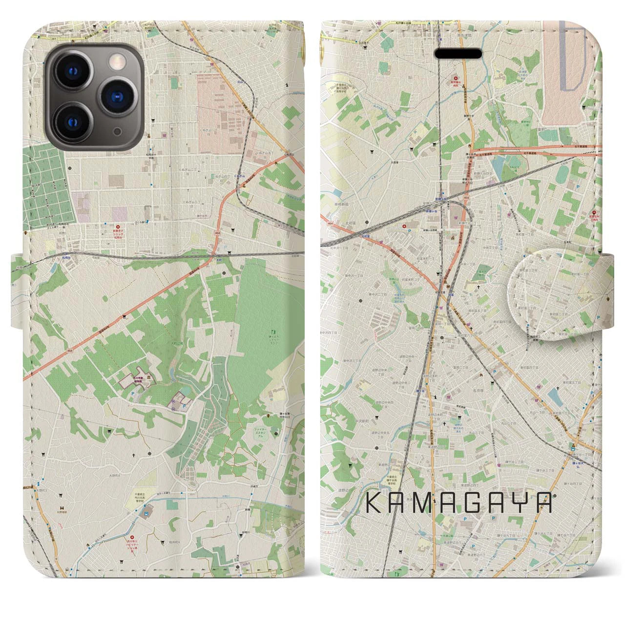 【鎌ケ谷】地図柄iPhoneケース（手帳両面タイプ・ナチュラル）iPhone 11 Pro Max 用