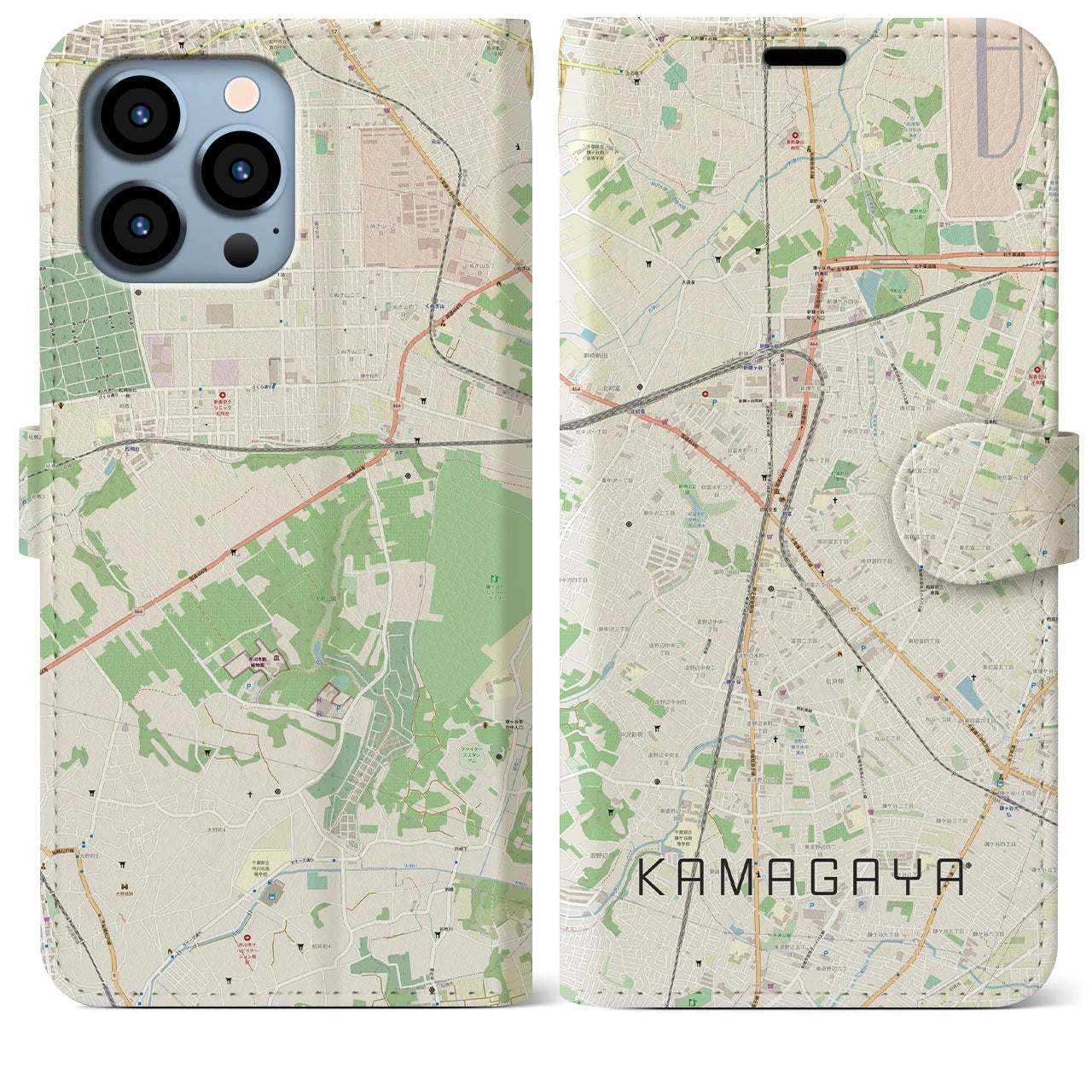 【鎌ケ谷】地図柄iPhoneケース（手帳両面タイプ・ナチュラル）iPhone 13 Pro Max 用