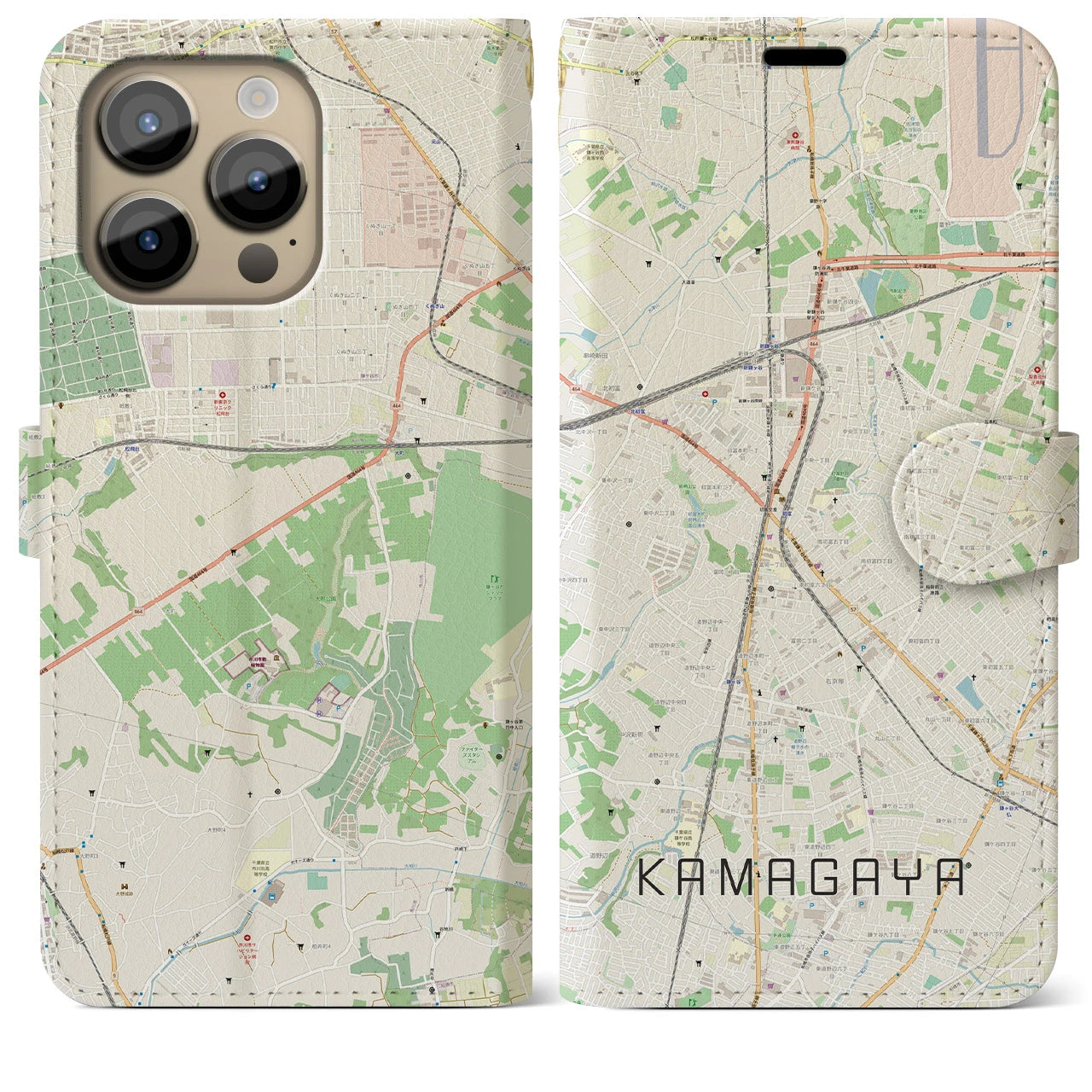 【鎌ケ谷】地図柄iPhoneケース（手帳両面タイプ・ナチュラル）iPhone 14 Pro Max 用