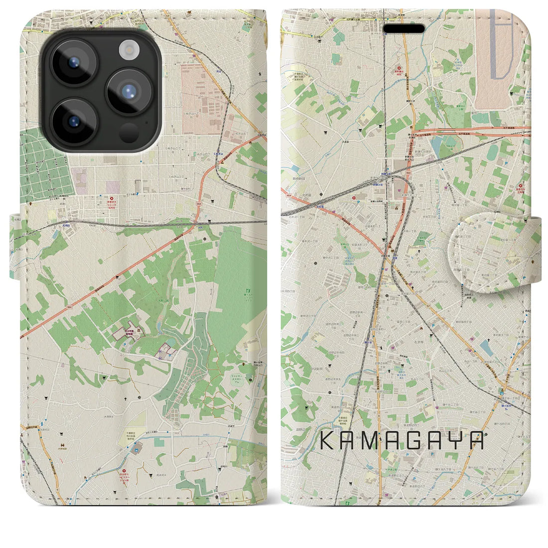 【鎌ケ谷】地図柄iPhoneケース（手帳両面タイプ・ナチュラル）iPhone 15 Pro Max 用