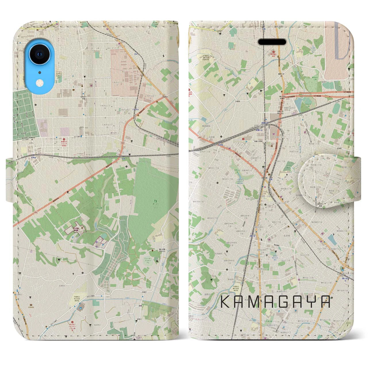 【鎌ケ谷】地図柄iPhoneケース（手帳両面タイプ・ナチュラル）iPhone XR 用