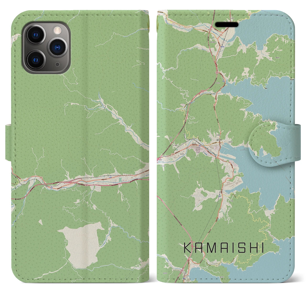 【釜石】地図柄iPhoneケース（手帳両面タイプ・ナチュラル）iPhone 11 Pro Max 用