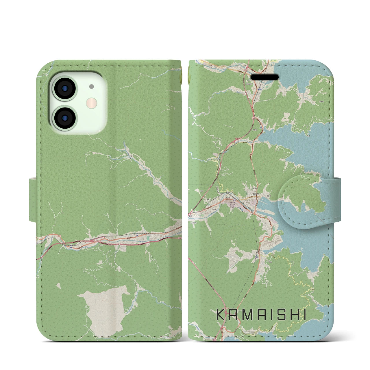 【釜石】地図柄iPhoneケース（手帳両面タイプ・ナチュラル）iPhone 12 mini 用