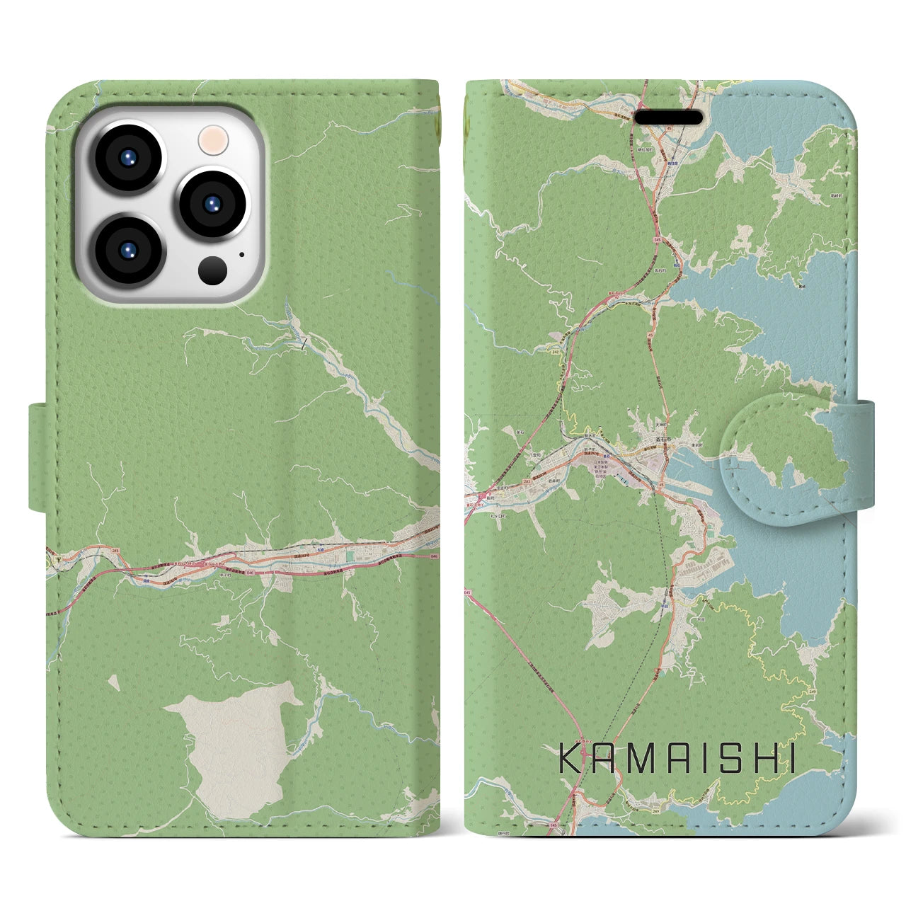 【釜石】地図柄iPhoneケース（手帳両面タイプ・ナチュラル）iPhone 13 Pro 用