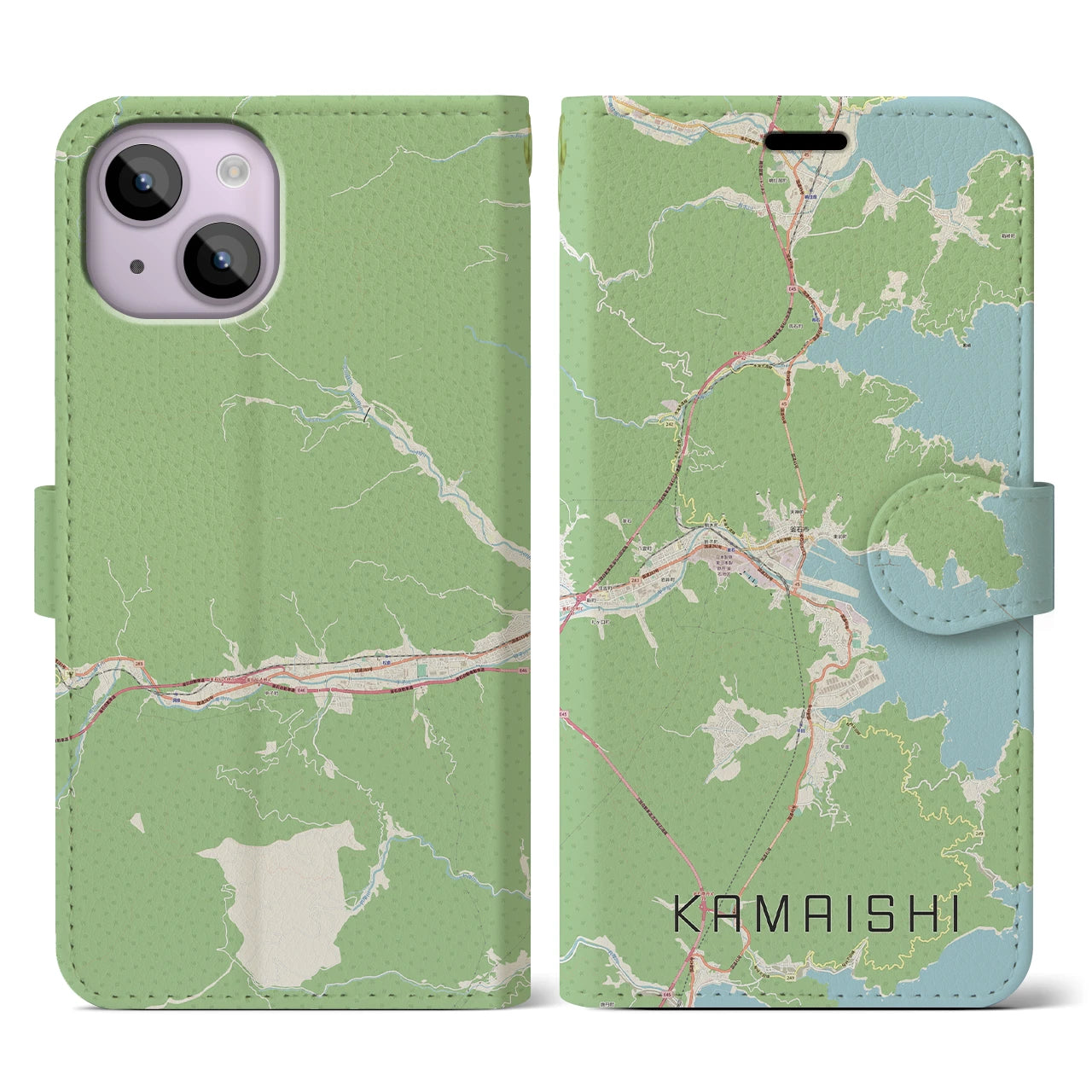 【釜石】地図柄iPhoneケース（手帳両面タイプ・ナチュラル）iPhone 14 用