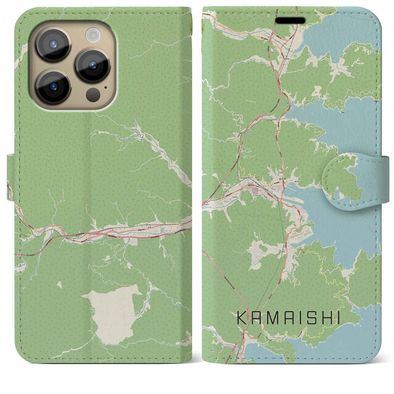 【釜石】地図柄iPhoneケース（手帳両面タイプ・ナチュラル）iPhone 14 Pro Max 用