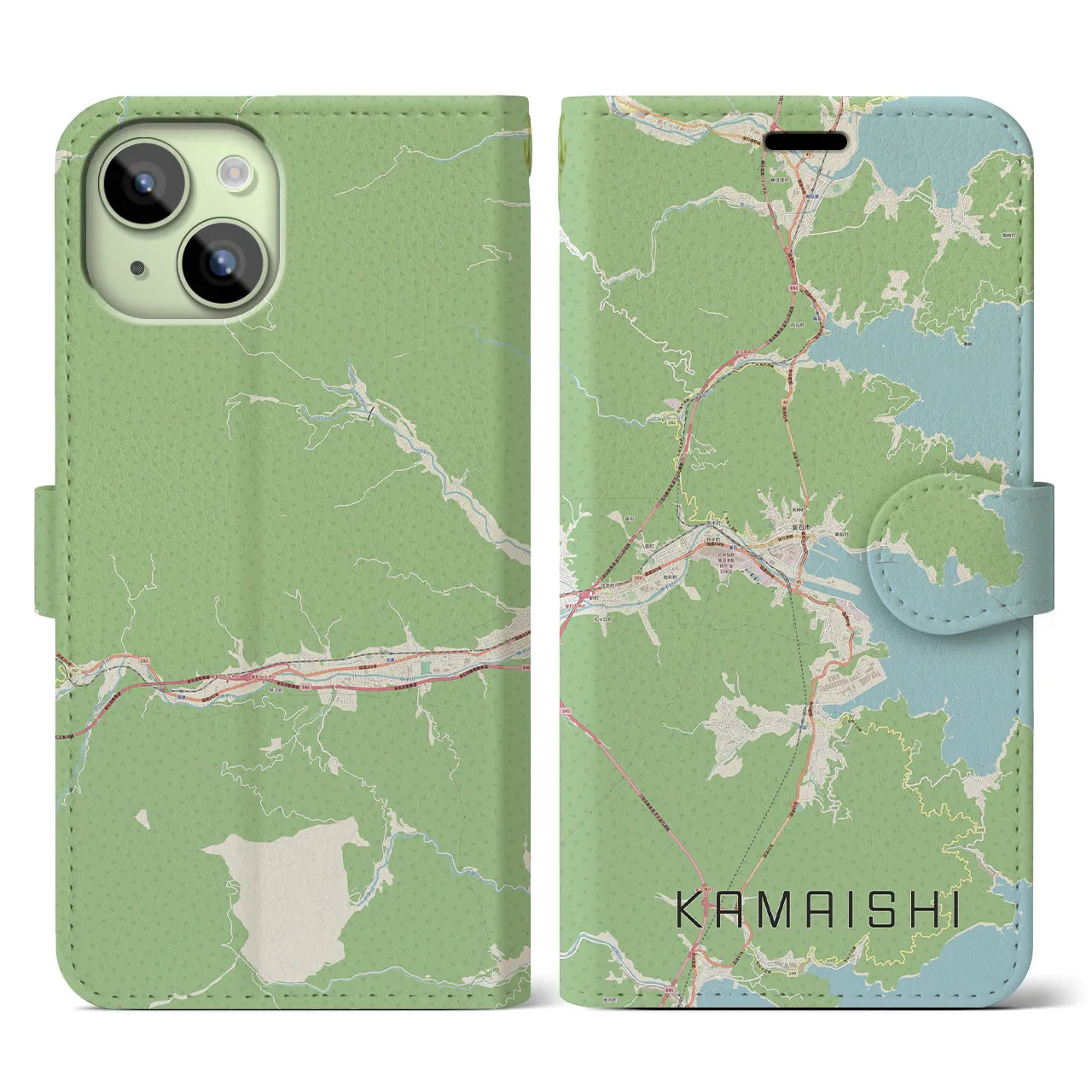 【釜石】地図柄iPhoneケース（手帳両面タイプ・ナチュラル）iPhone 15 用