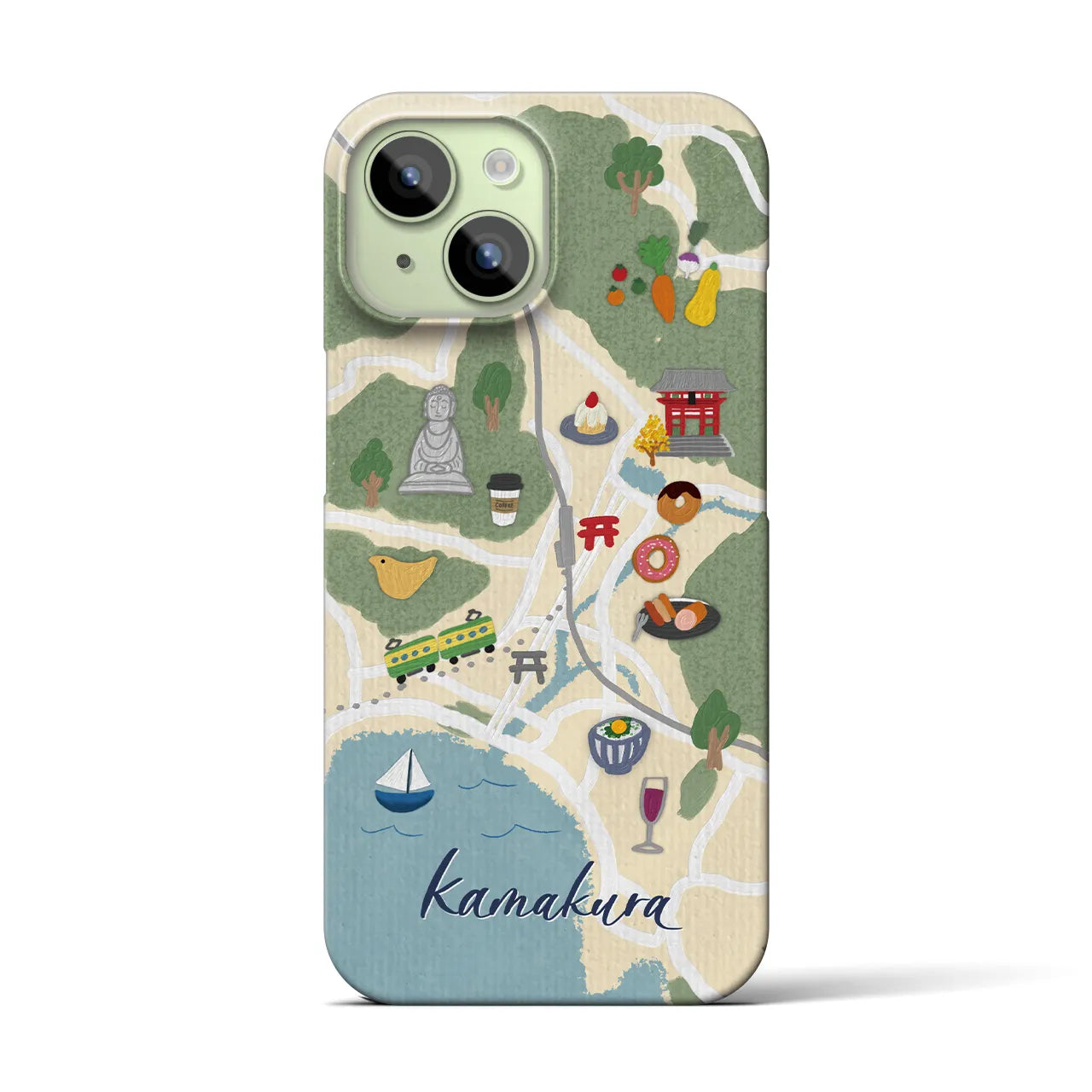 【鎌倉（イラスト）】地図柄iPhoneケース（バックカバータイプ・クリーム）iPhone 15 用