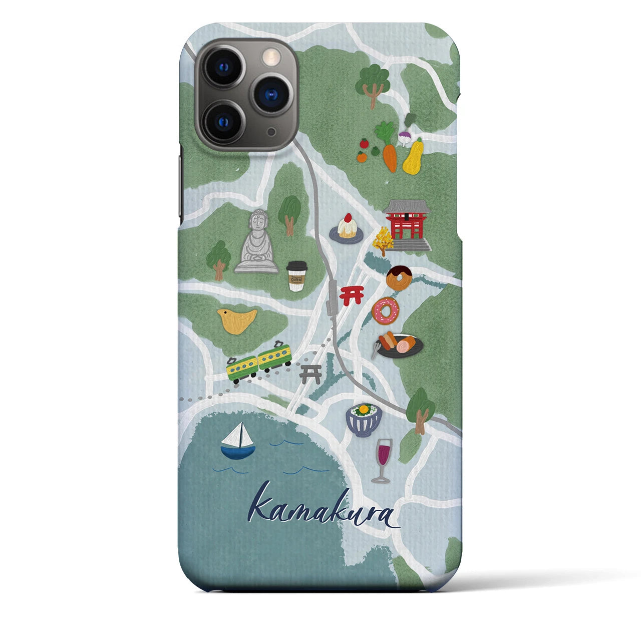 【鎌倉（イラスト）】地図柄iPhoneケース（バックカバータイプ・ライトブルー）iPhone 11 Pro Max 用