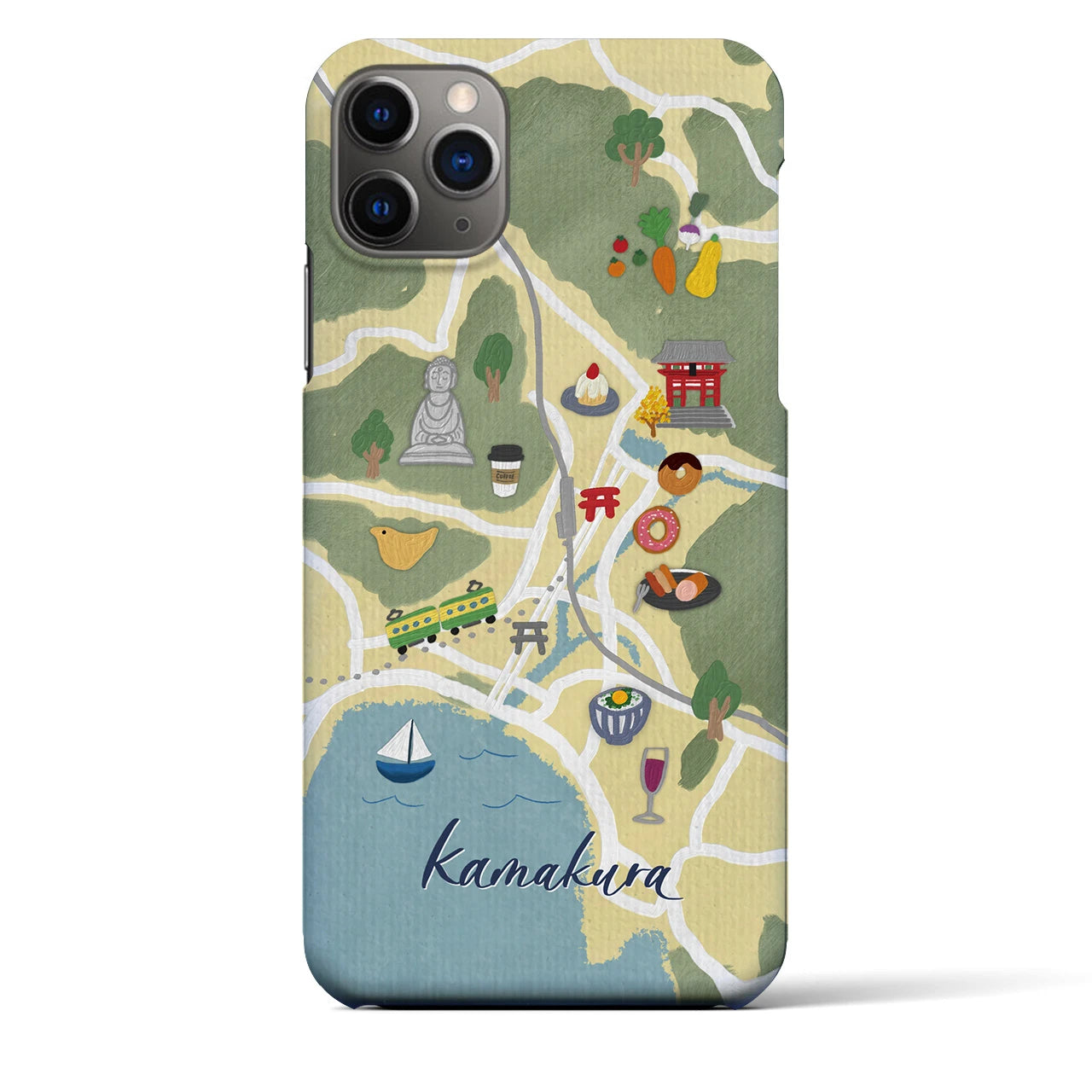 【鎌倉（イラスト）】地図柄iPhoneケース（バックカバータイプ・ライトイエロー）iPhone 11 Pro Max 用