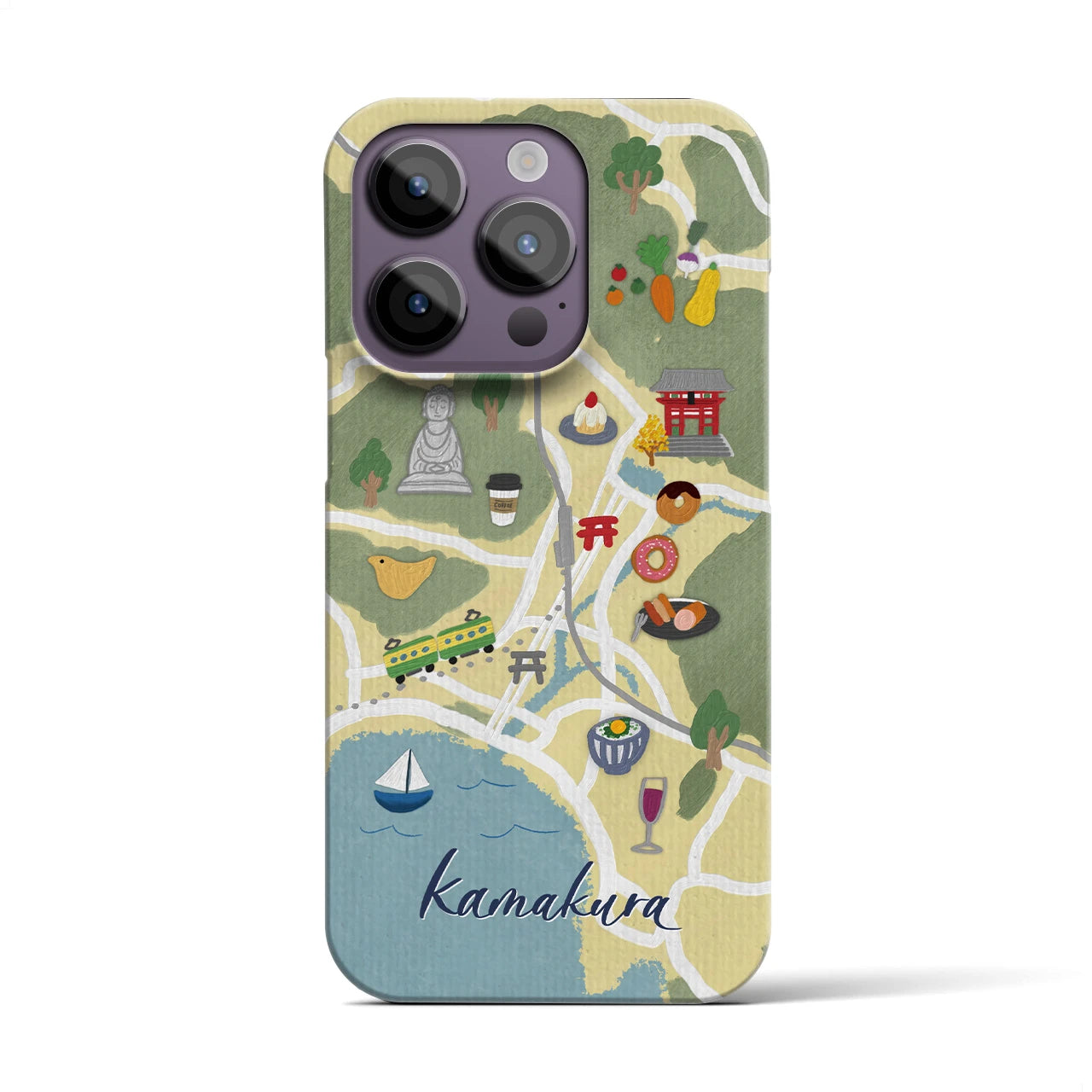【鎌倉（イラスト）】地図柄iPhoneケース（バックカバータイプ・ライトイエロー）iPhone 14 Pro 用