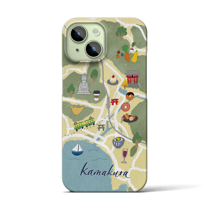 【鎌倉（イラスト）】地図柄iPhoneケース（バックカバータイプ・ライトイエロー）iPhone 15 用