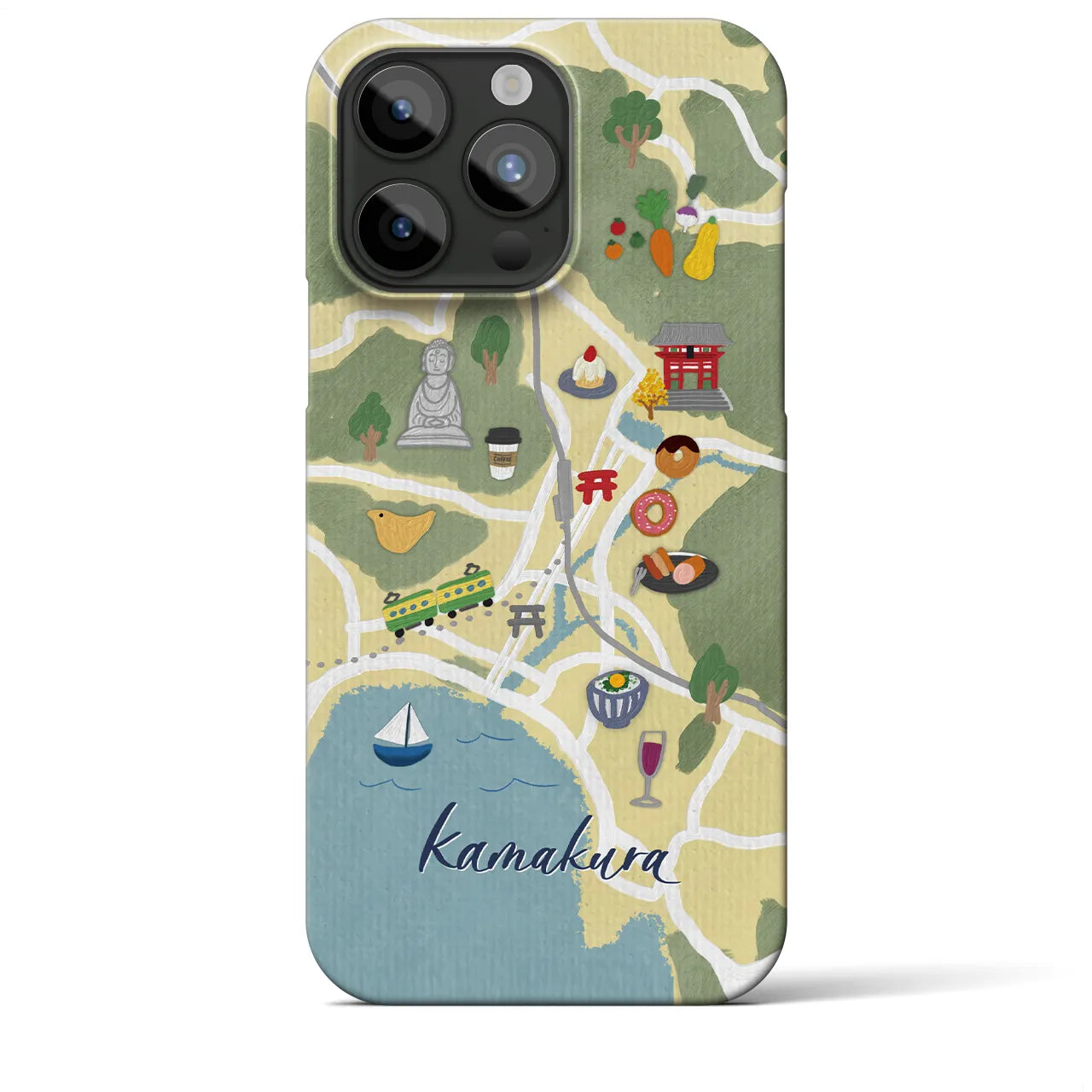 【鎌倉（イラスト）】地図柄iPhoneケース（バックカバータイプ・ライトイエロー）iPhone 15 Pro Max 用