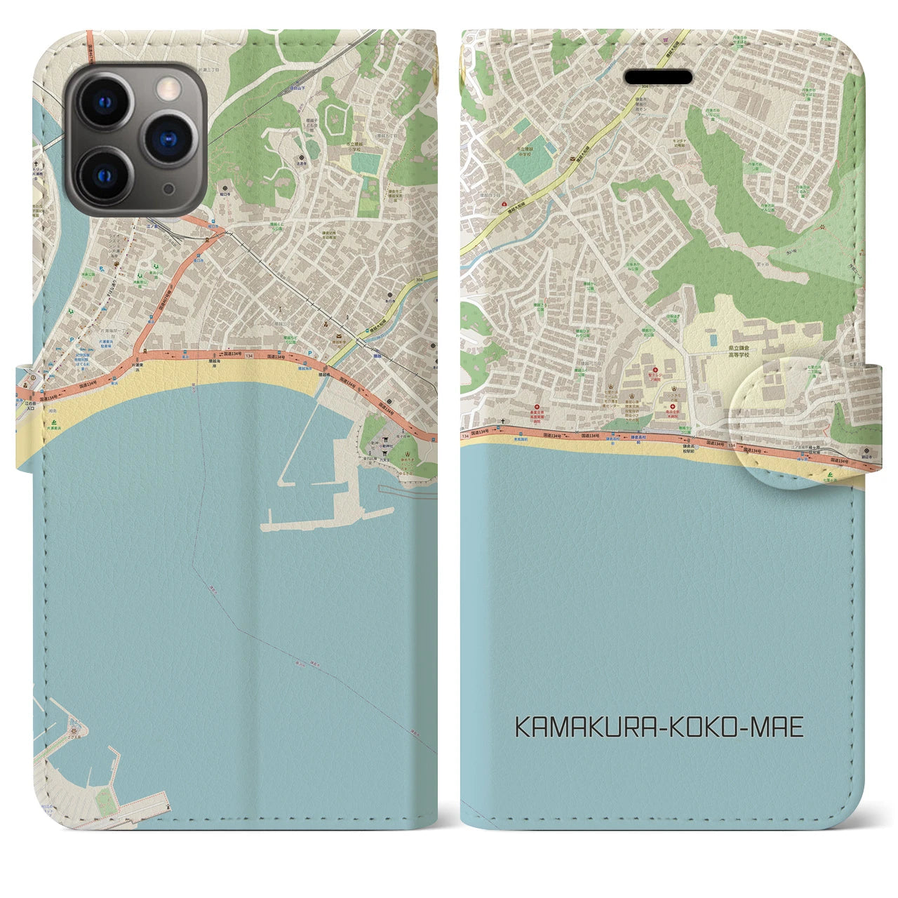 【鎌倉高校前】地図柄iPhoneケース（手帳両面タイプ・ナチュラル）iPhone 11 Pro Max 用