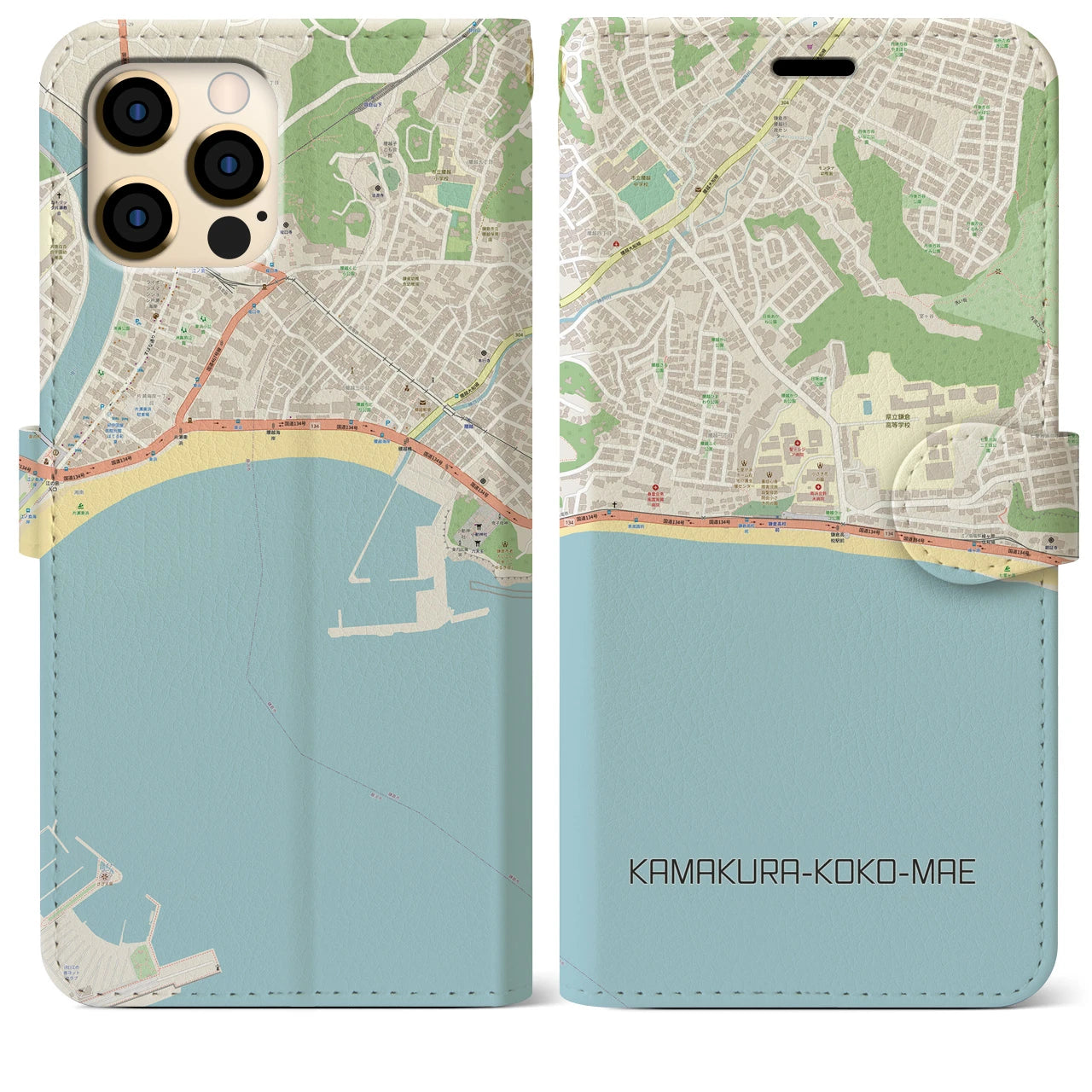 【鎌倉高校前】地図柄iPhoneケース（手帳両面タイプ・ナチュラル）iPhone 12 Pro Max 用
