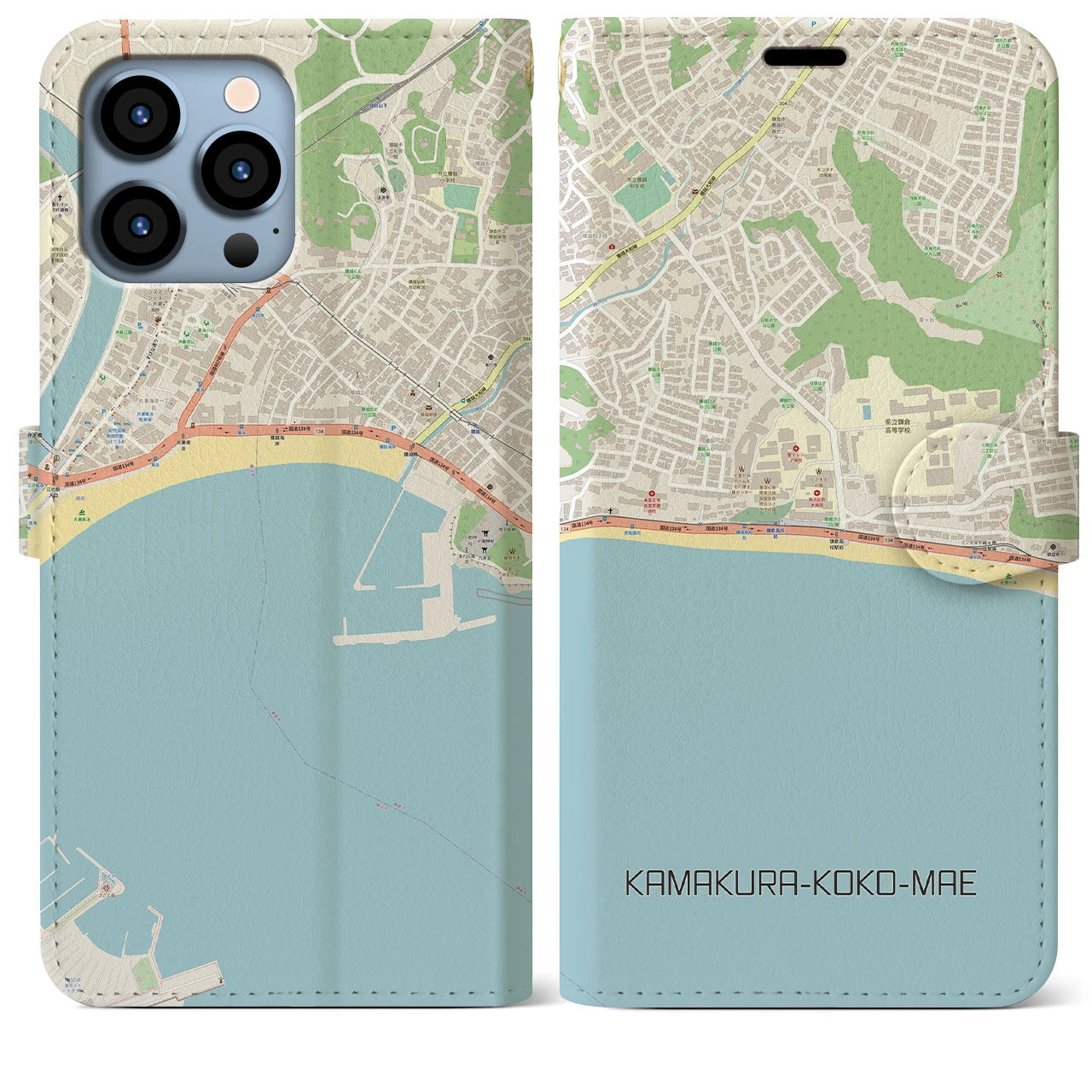 【鎌倉高校前】地図柄iPhoneケース（手帳両面タイプ・ナチュラル）iPhone 13 Pro Max 用