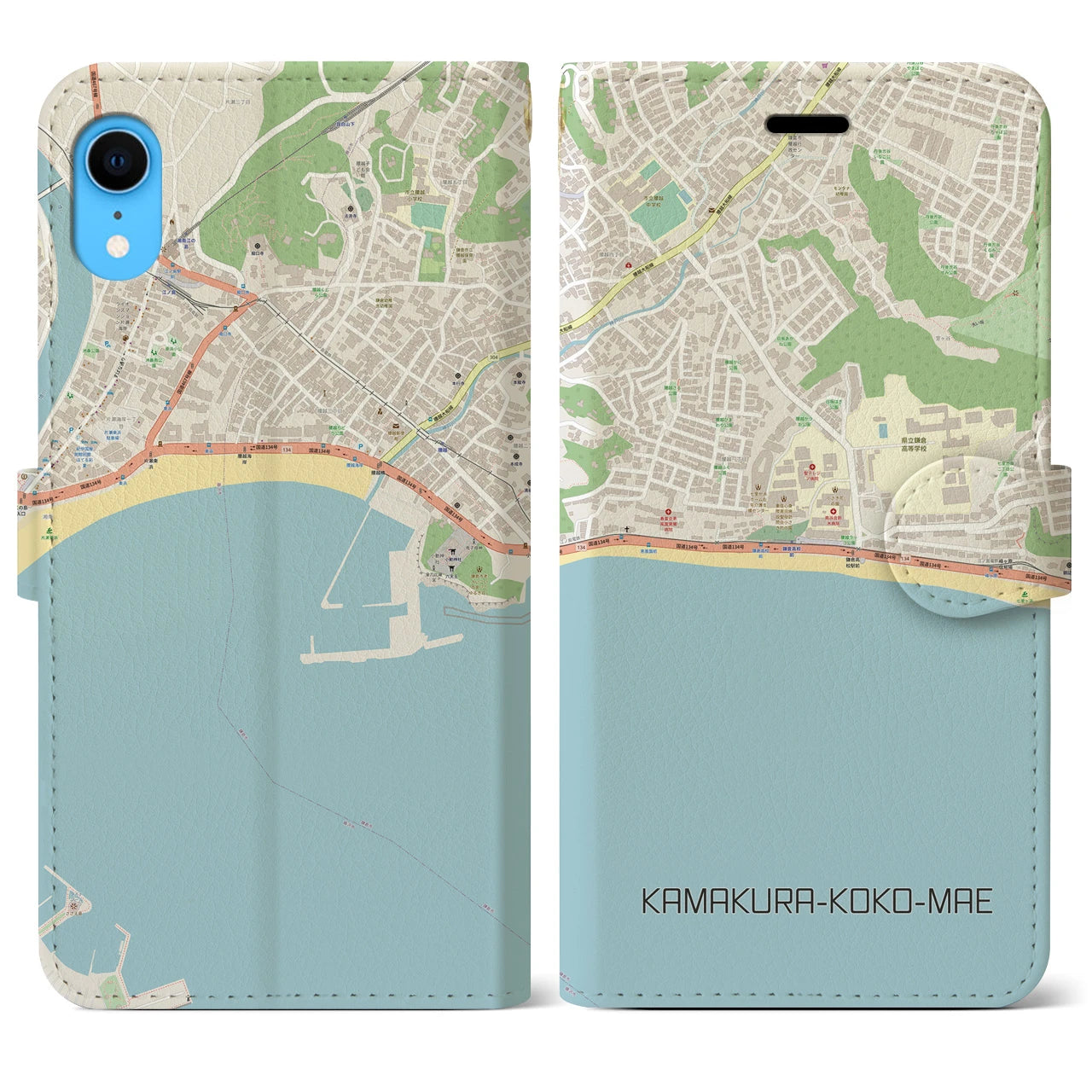 【鎌倉高校前】地図柄iPhoneケース（手帳両面タイプ・ナチュラル）iPhone XR 用