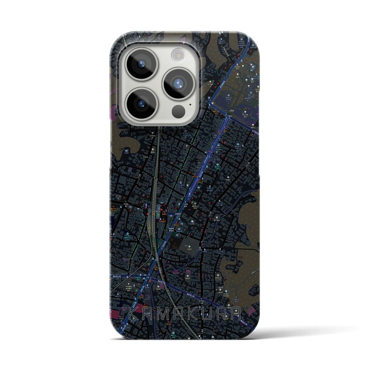 【鎌倉2】地図柄iPhoneケース（バックカバータイプ・ブラック）iPhone 15 Pro 用