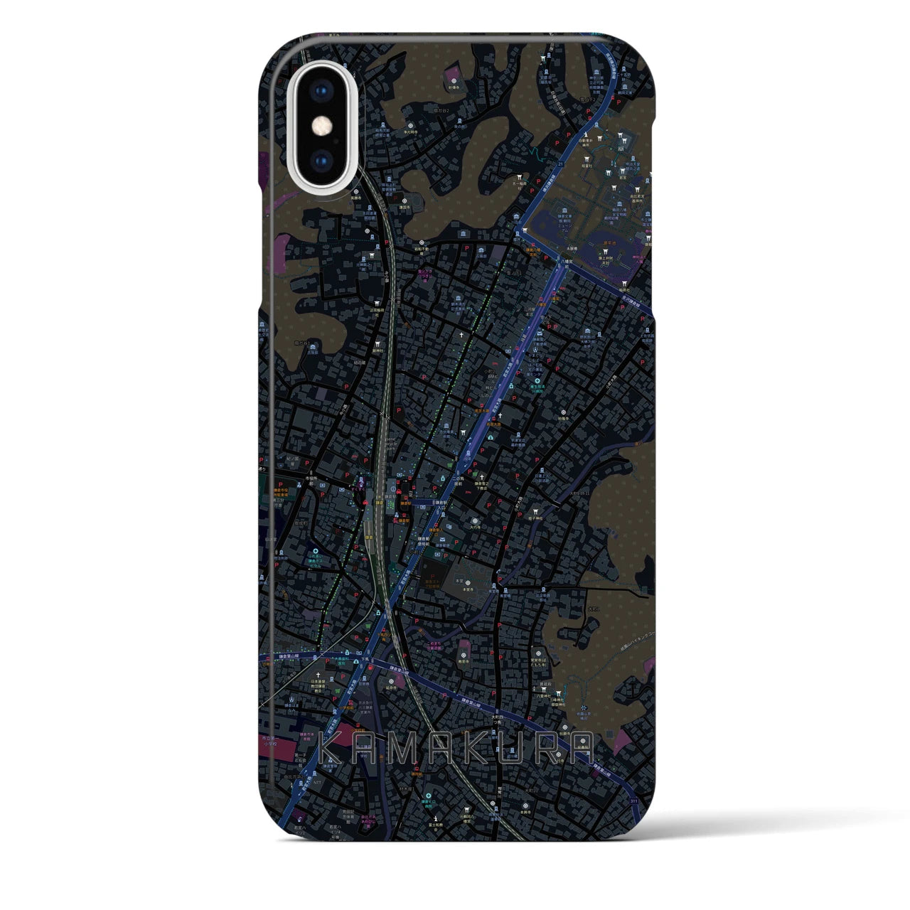 【鎌倉2】地図柄iPhoneケース（バックカバータイプ・ブラック）iPhone XS Max 用