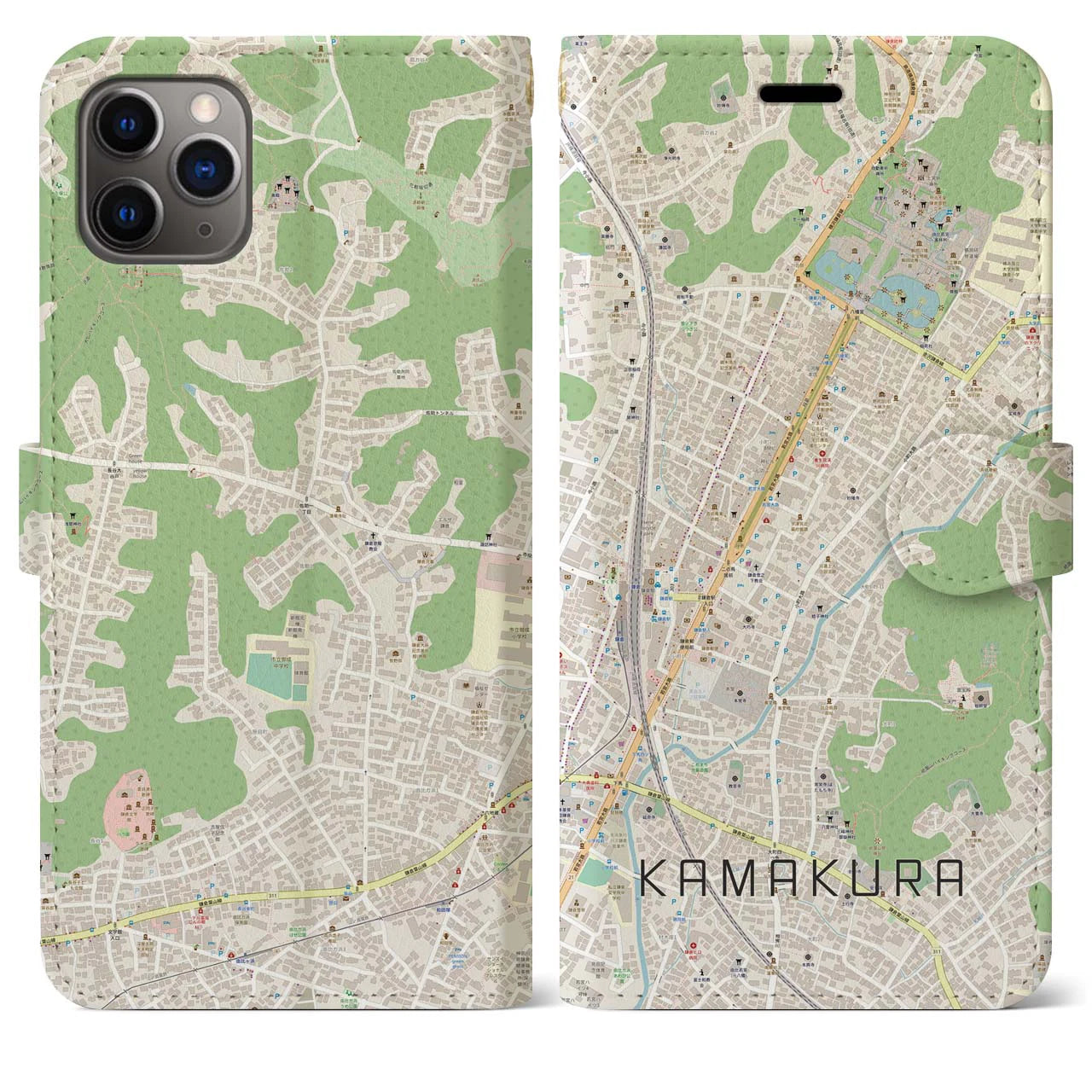 【鎌倉2】地図柄iPhoneケース（手帳両面タイプ・ナチュラル）iPhone 11 Pro Max 用